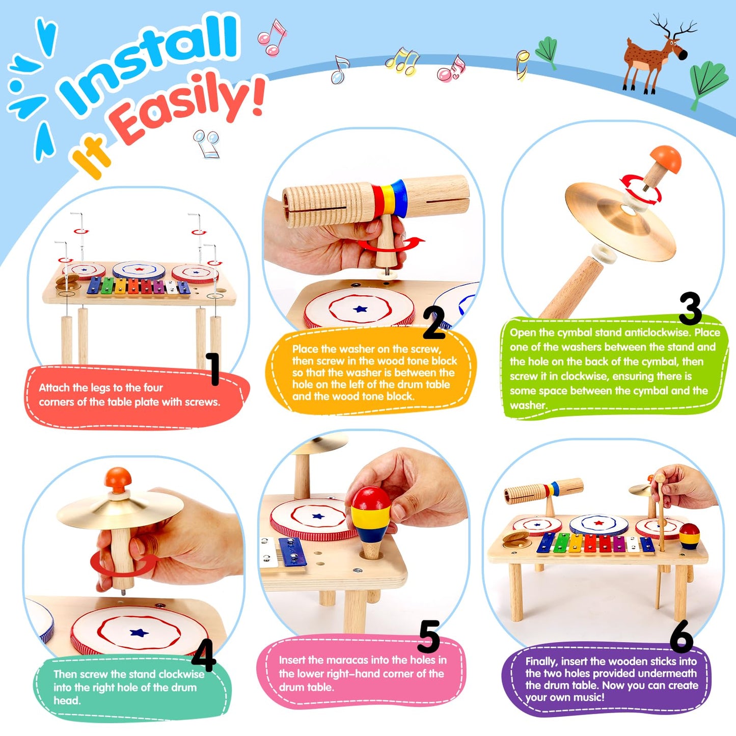 Kids Drum Set, Baby Musical Instruments Toys For Toddlers, 9 In 1 Wooden Xylophone Toddler Drum Set Percussion Instruments Musical Toys Birthday Gifts For Children Boys And Girls