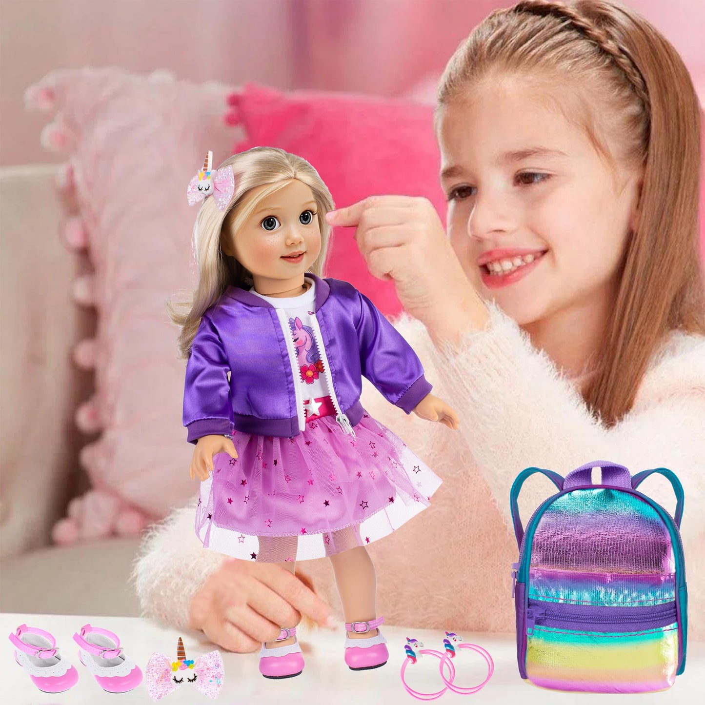 18 Inch Doll Clothes And Accessories School Supplies Playset Accesscories Doll Travel Suitcase Set Including Coat,Dress,Suitcase,Hairpin,Hair Ring,Stickers,Shoes (No Doll)