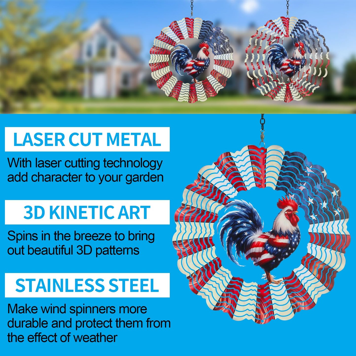 Rooster Metal Wind Spinners For Outdoor,Birthday Gifts For Women Mom Grandma, 12 Inch Garden Decor American Flag Wind Spinner Bi