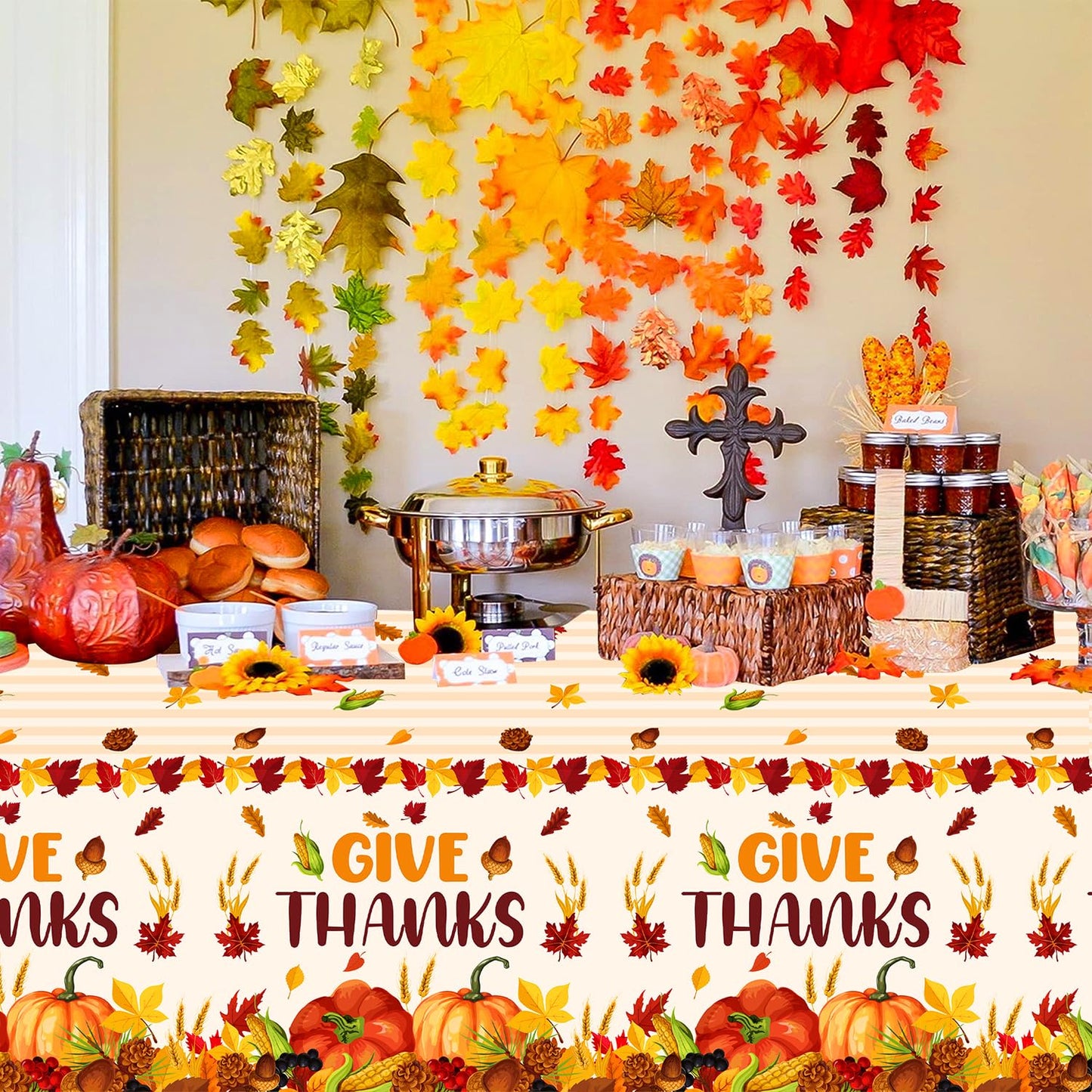 UROINEPA Thanksgiving Tablecloth 3 Pcs Fall Table Cloths Rectangle Maple Leaf Pumpkin Table Cloth Autumn Tablecover for Thanksgi