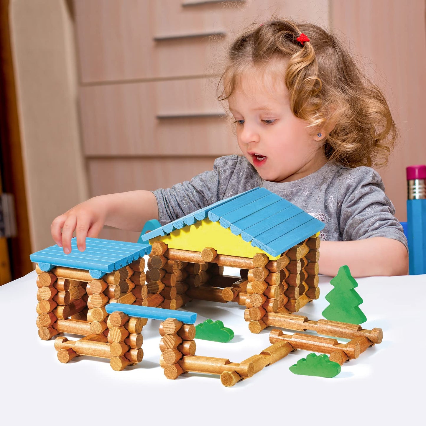 Wondertoys 239 Pieces Real Wood Logs Set Ages 3+, Classic Building Log Gift Set For Boys/Girls- Creative Construction Engineering - Top Blocks Game Kit - Preschool Education Toy