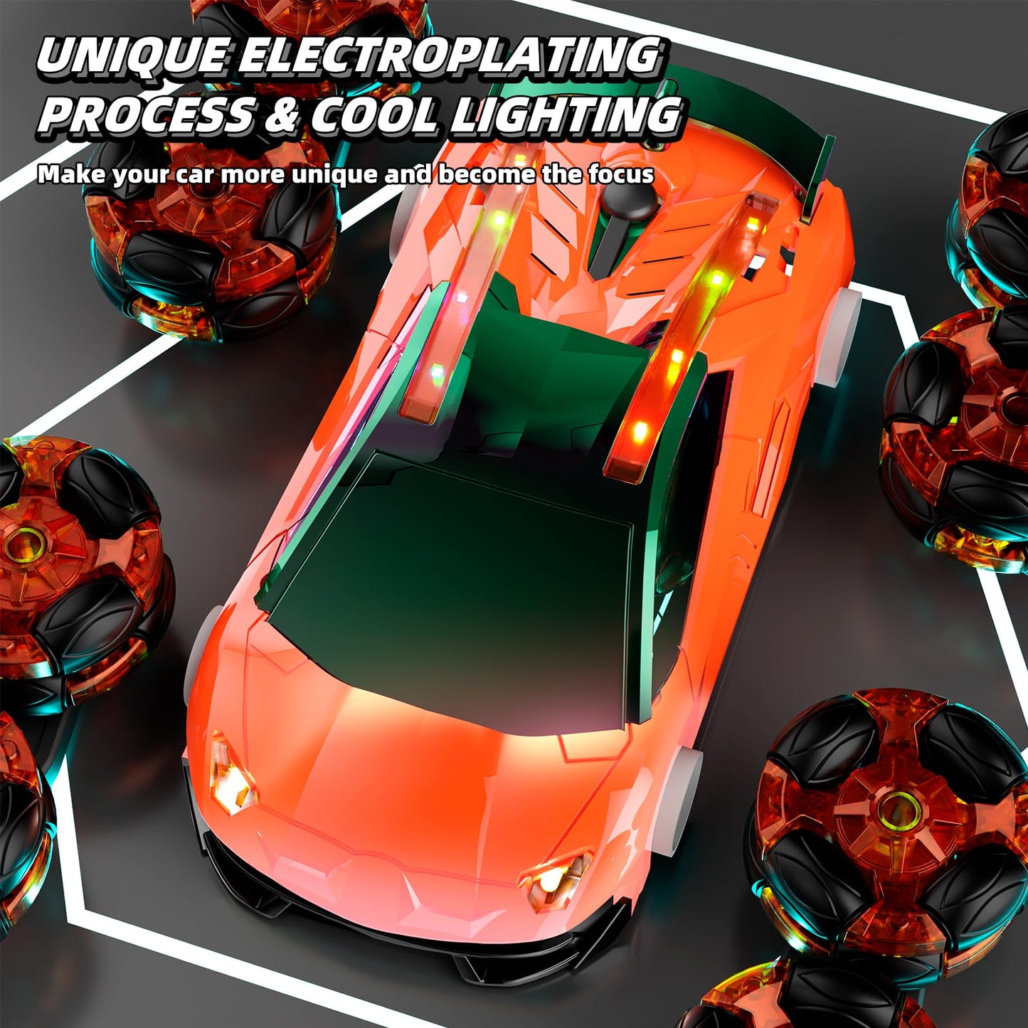 Terucle 8WD Remote Control Car, 2.4Ghz RC Cars with Spray & Cool Light, Kids Toys Electroplating Process Transform Drift Climbin
