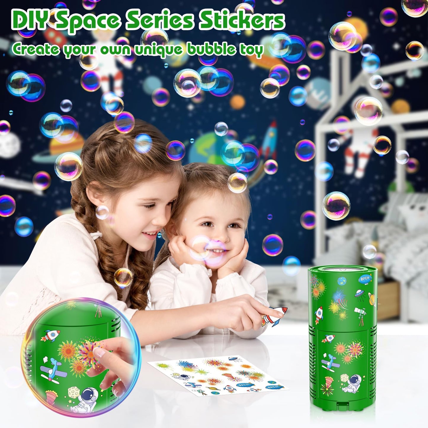 PANACARE Bubble Machine for Kids Bubble Blower 10000+ Bubble per Min/Lights/DIY Stickers/Rechargeable battery/80ml Solution Automatic Bubble Toy for Kids Summer Outdoor Party Wedding