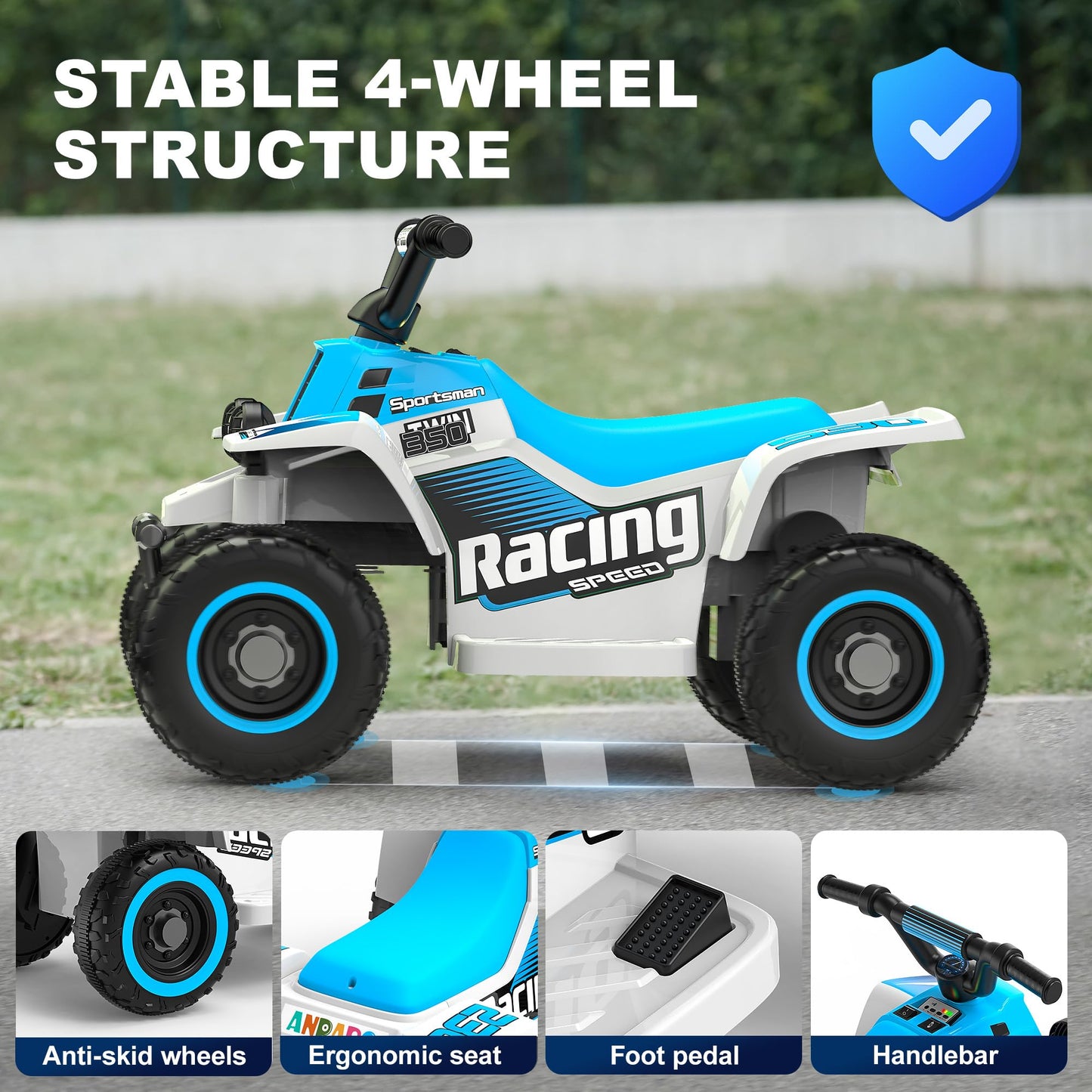 Anpabo 6V 7Ah Kids Atv Ride On Toy, 4 Wheeler For Toddler W/Headlight, Forward & Reverse, Horn, Music Player, Usb, Mp3, Treaded Tires, Ideal Gift For Toddlers(Blue-White)
