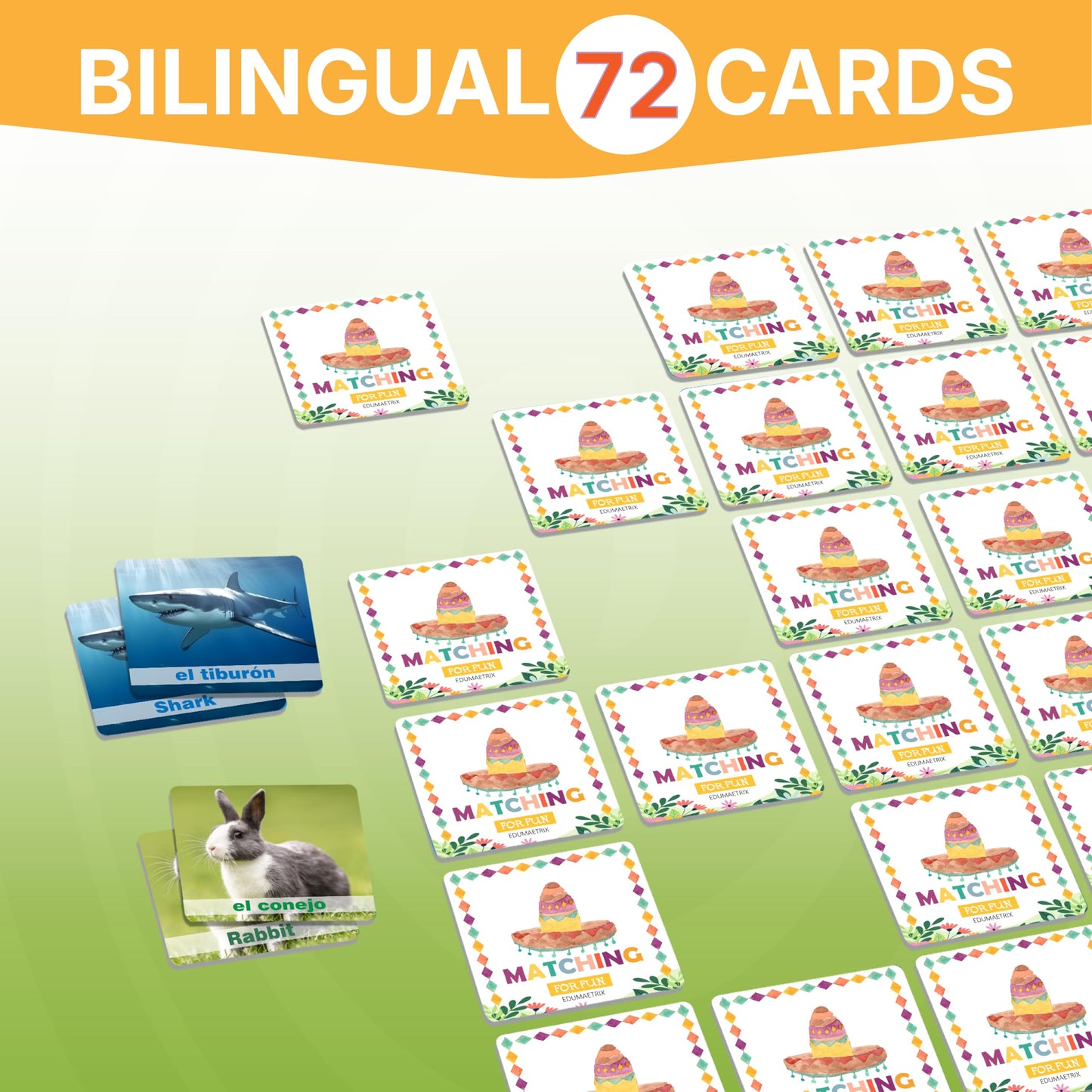 72 (36 Pairs) Spanish English Bilingual Animal Memory Matching Game With Reusable Custiomizable Cards,Instruction Language Learn
