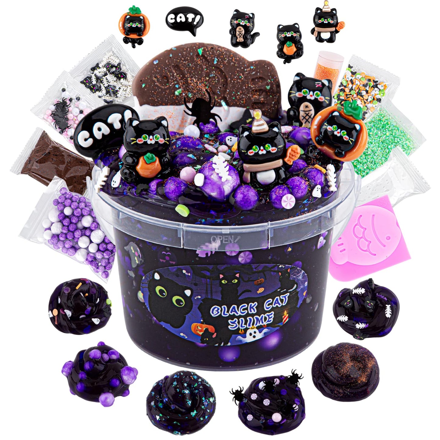 300Ml Black Cat Slime With Clay, Dark Purple Clear Slime Kit For Girls Ages 8-12 With 9 Packs Slime Add-Ins, Slime For Kids Party Favors, Non Stick Slime Toys Birthday Halloween Christmas Easter Gifts