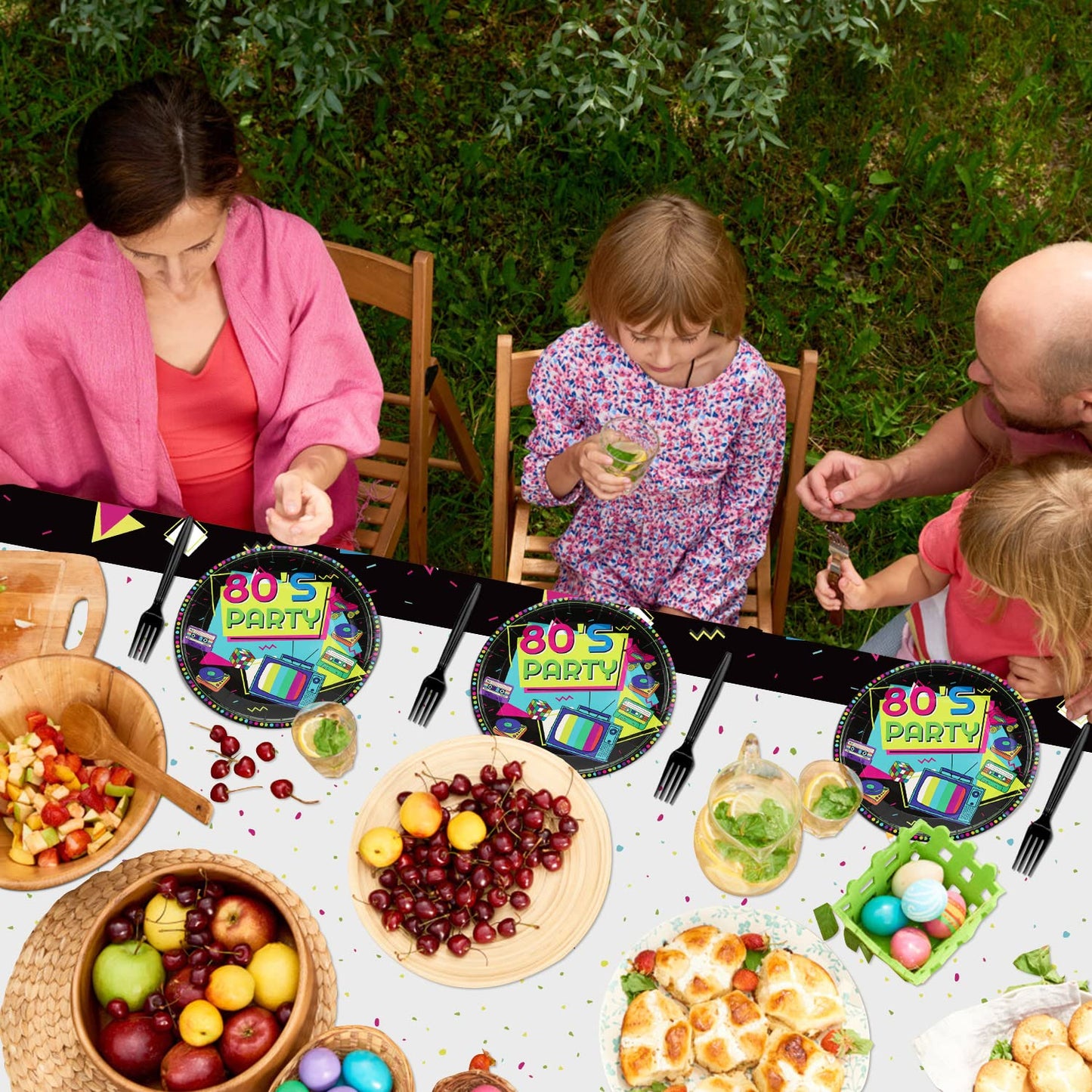 Hegbolke 80s Party Supplies - 20-81Pcs Plates, Napkins, Tablecloth, Forks Set for 80s Theme Birthday Party Decorations