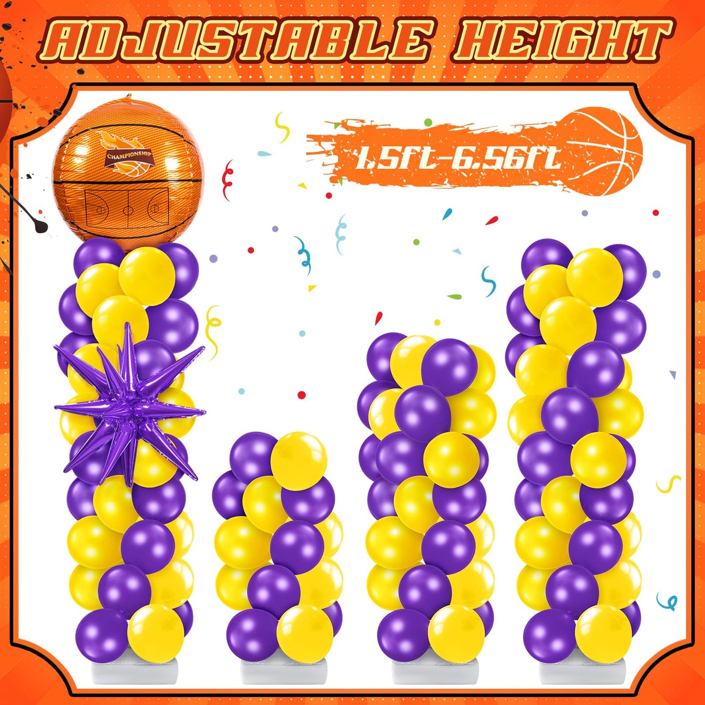 Kasyat Basketball Balloon Column Stand Kit - 4D Gold Purple Star Balloons, Yellow & Purple Arch, Model AU-Kasyat-1500