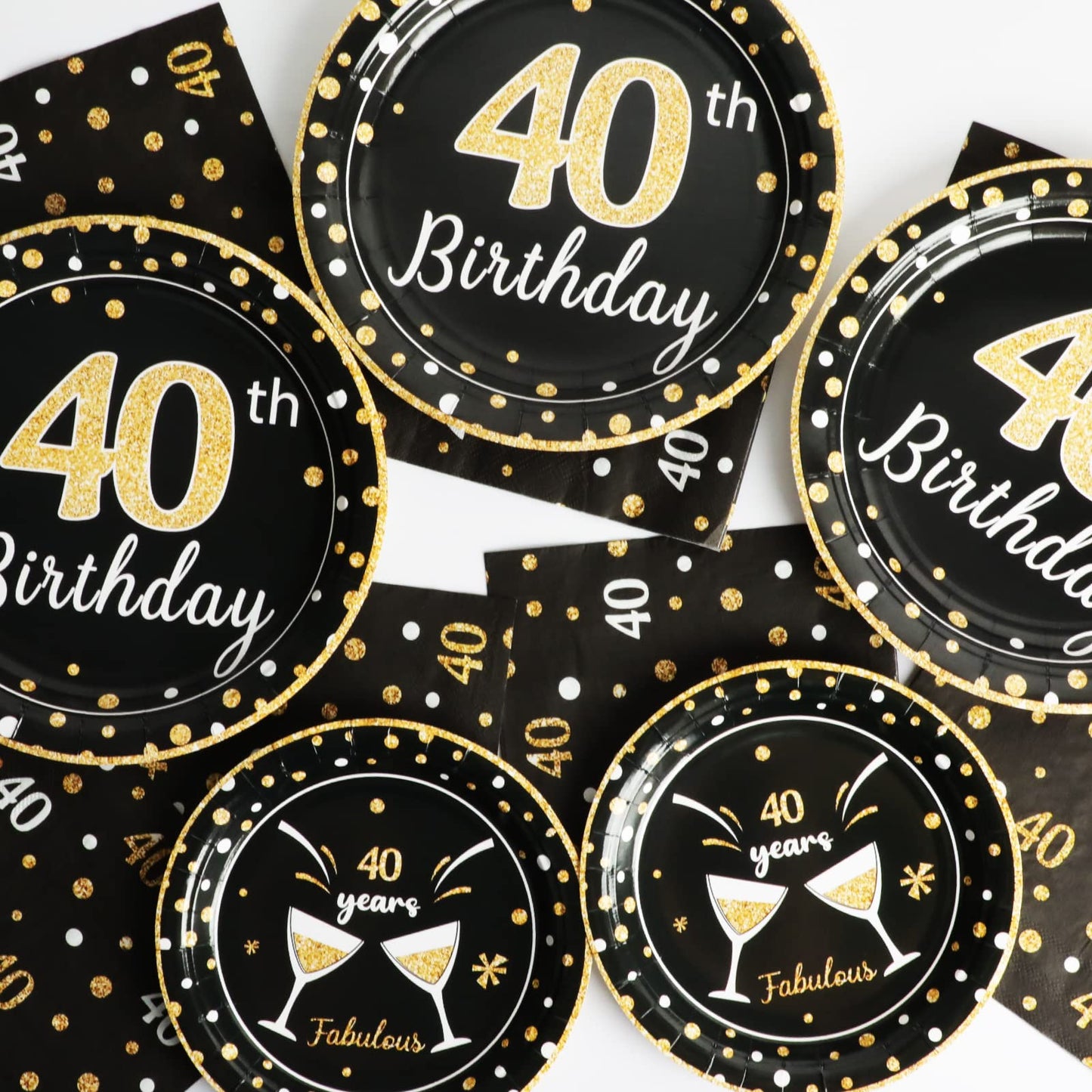96 Pcs 40Th Birthday Plates And Napkins Party Supplies Black Gold Happy Forty Theme Tableware Set 40Th Birthday Decorations Favo