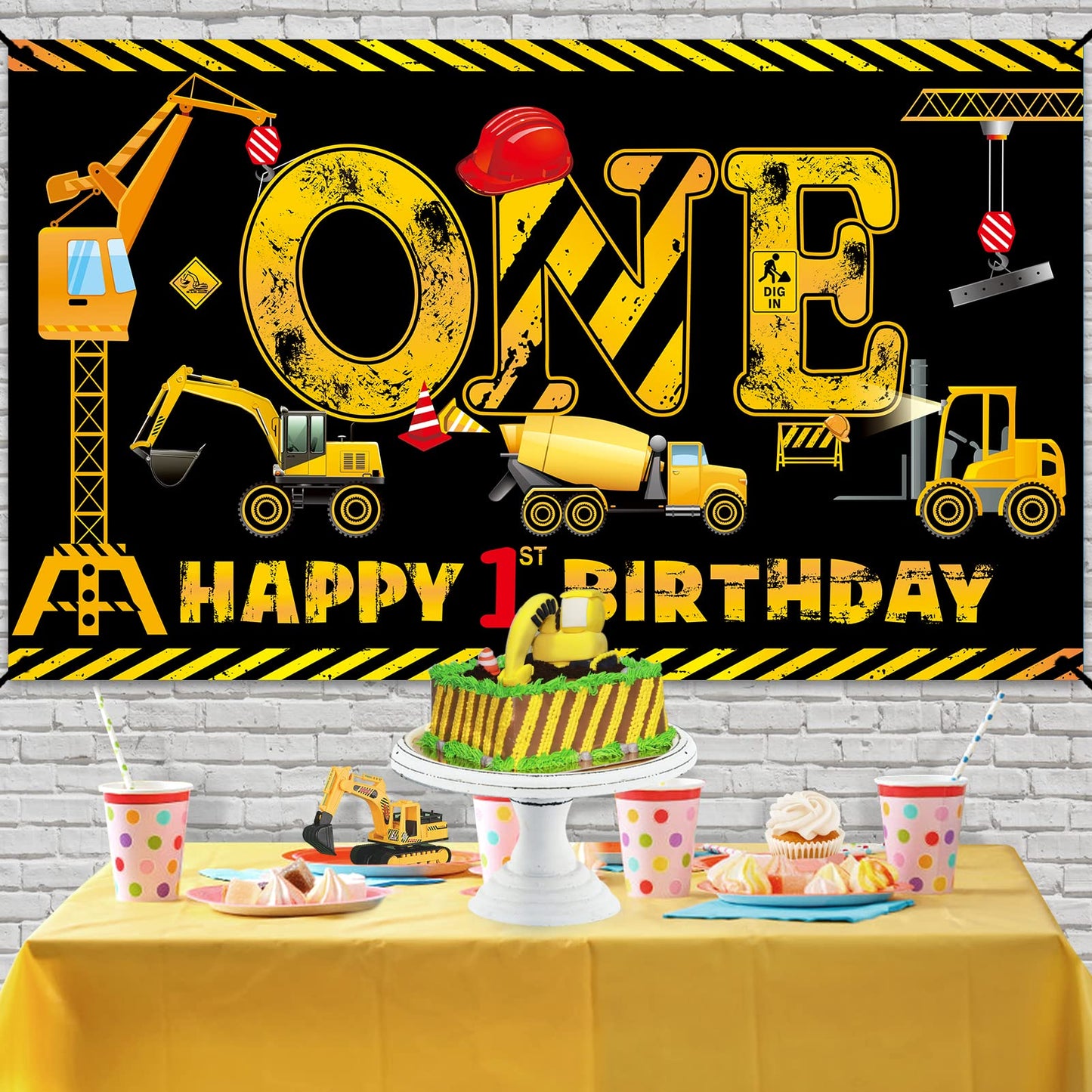 Construction 1St Birthday Banner Decorations For Boys Kids, Dump Truck Construction Theme One Birthday Party Supplies, Excavator