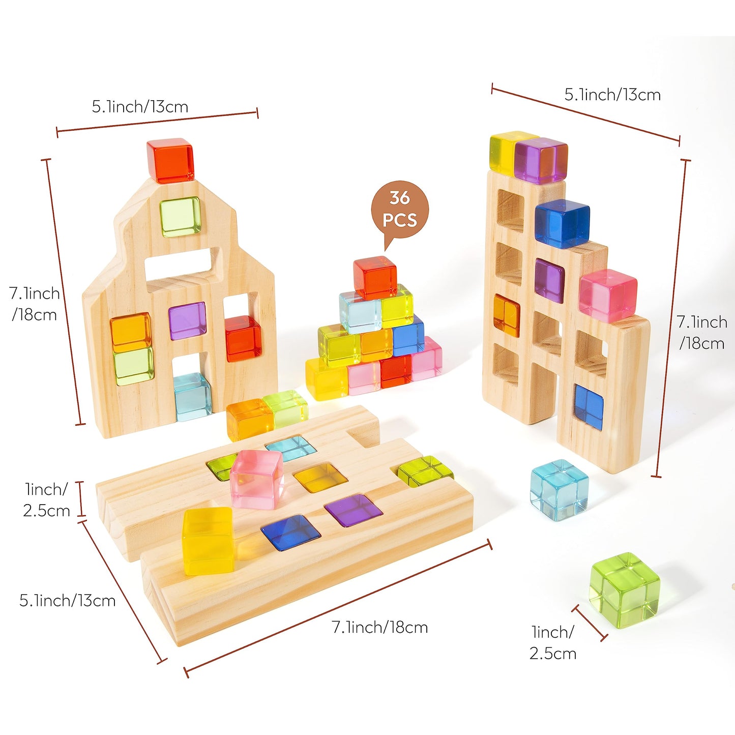 Woodtoe Wooden Building Blocks Set For Kids, 36 Pcs Rainbow Acrylic Gem Cubes Blocks - 3 Wood House, Montessori Stacking Toy For