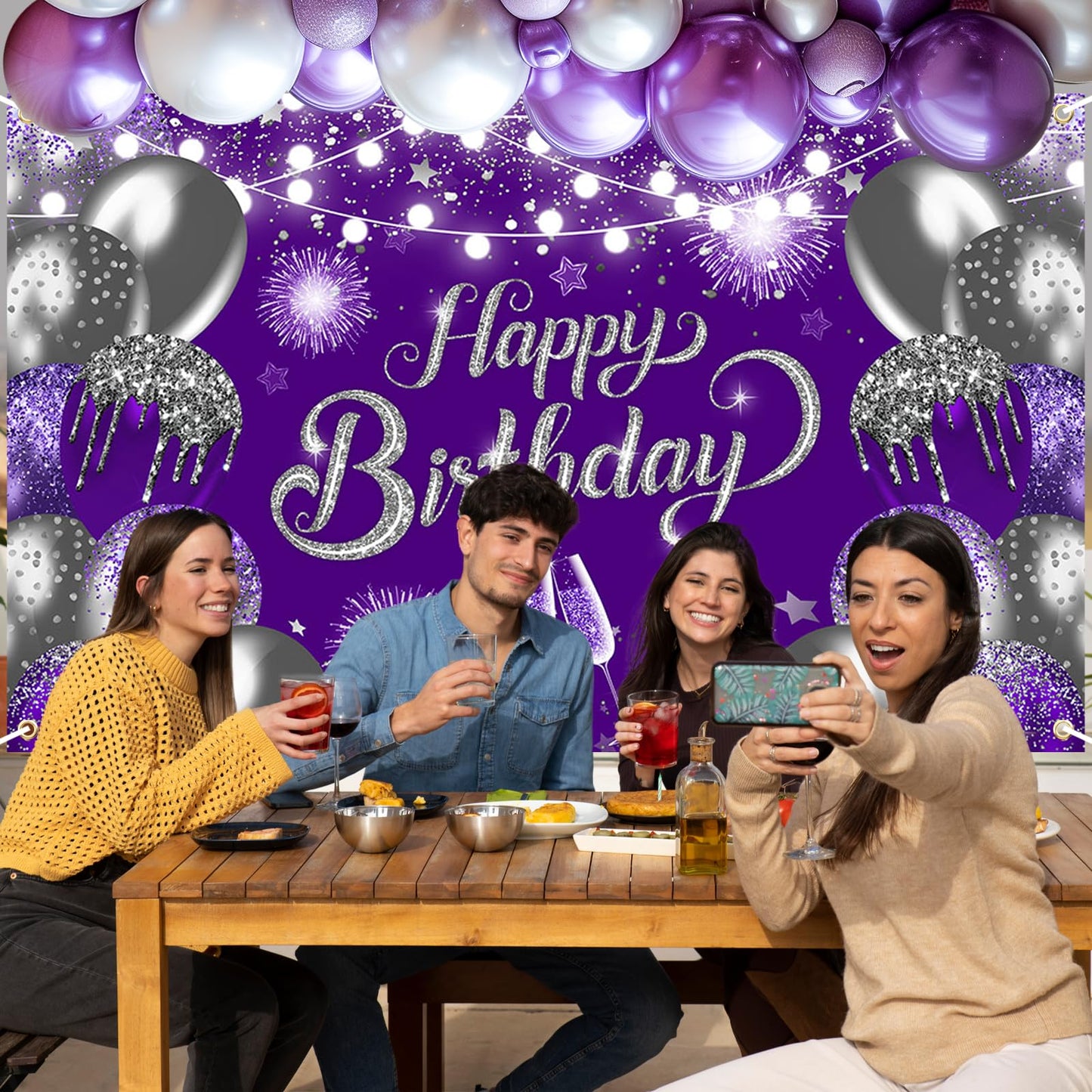 Lecheme Purple Silver Happy Birthday Backdrop 6x3.6 ft Purple Banner for Silver Birthday Party Decorations Photo Booth Props
