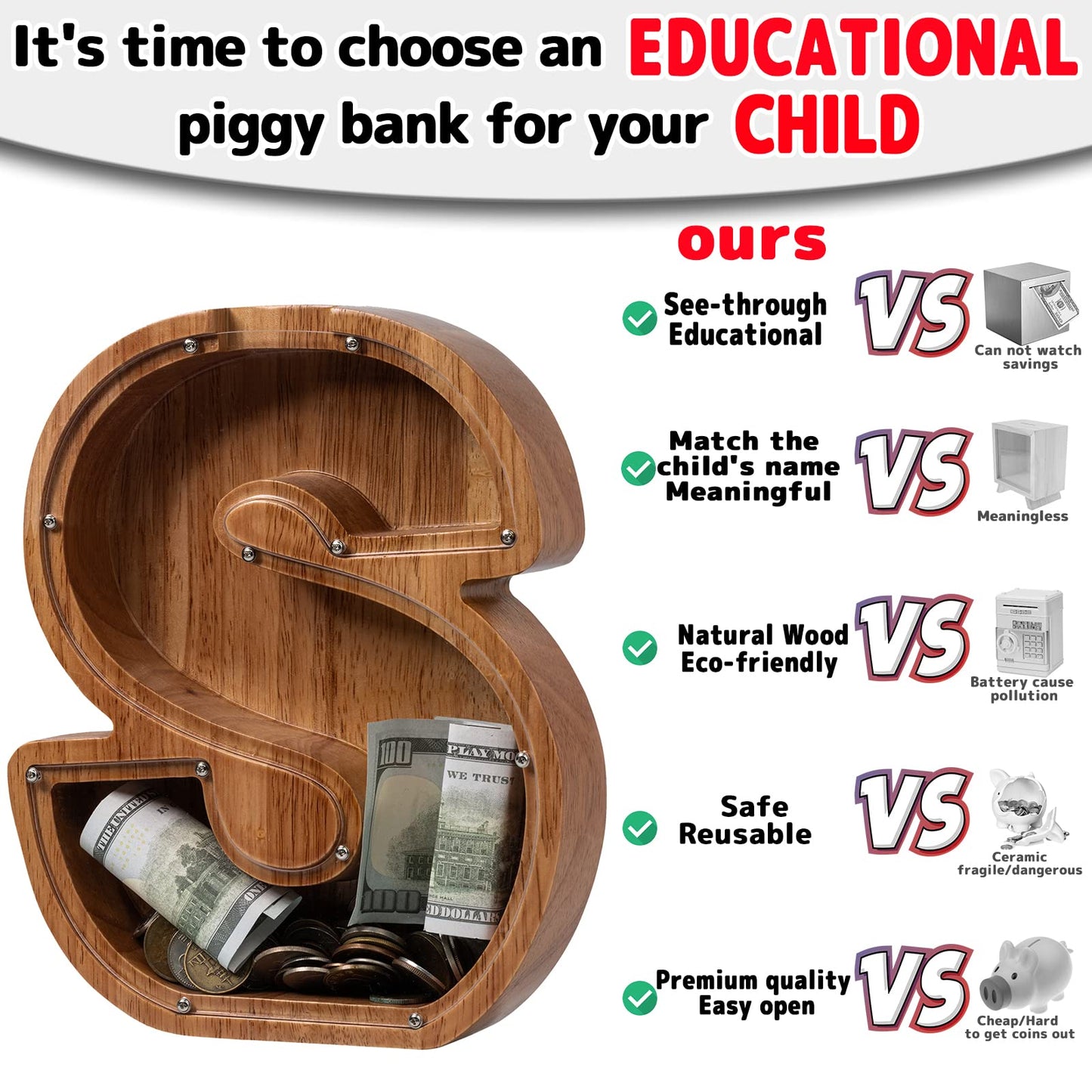ladenk Large Wooden Kids Letter Piggy Bank - Piggy Bank for Boys Girls - Alphabet Money Bank with Initial S - Coin Bank for Birt