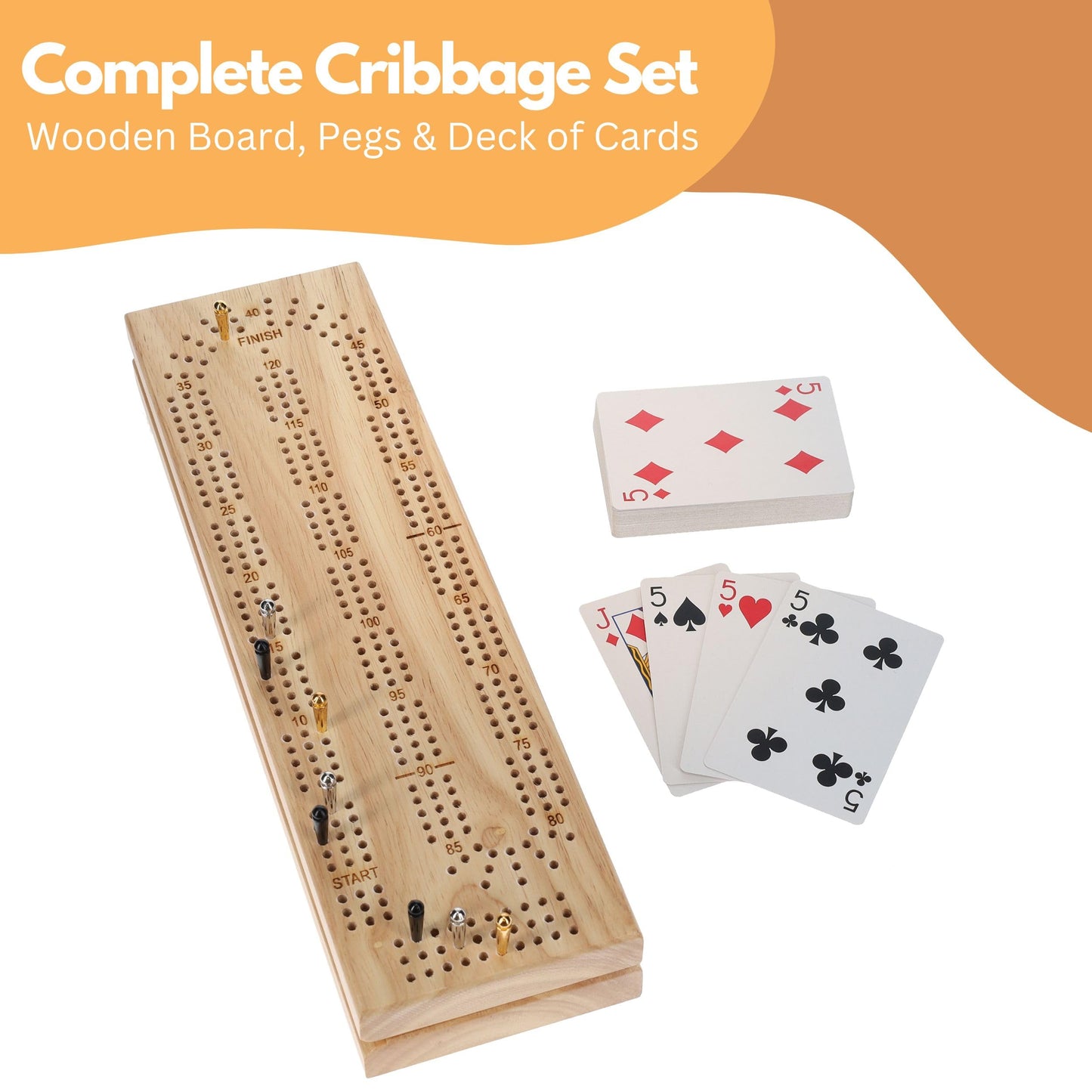 WE Games Custom Engraved Wooden Cribbage Game Set Natural Stain, Continuous 3 Track for 2-3 Players, Travel Cribbage Board with