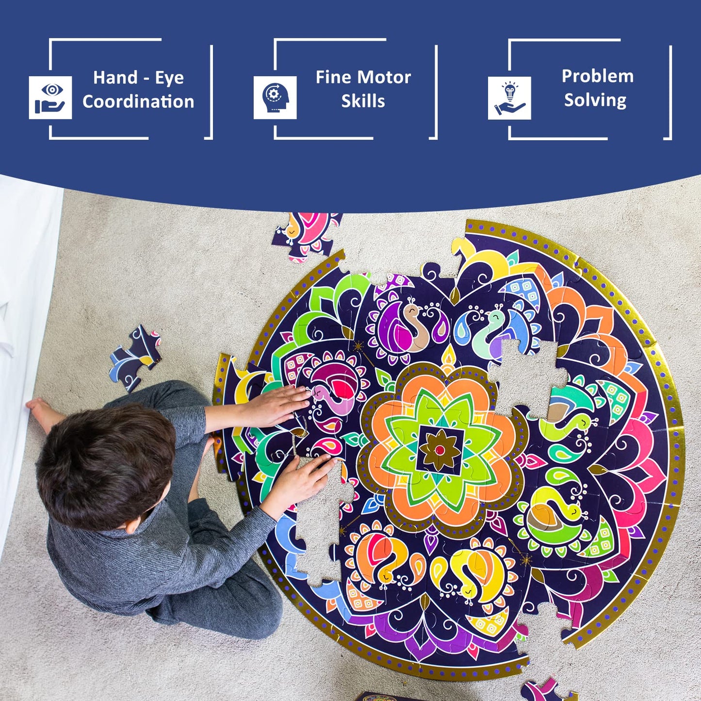 Kulture Khazana Rangoli Mandala Floor Puzzle - 48 Pieces, Cardboard, 32" Colorful Giant Puzzle for Holi & Diwali