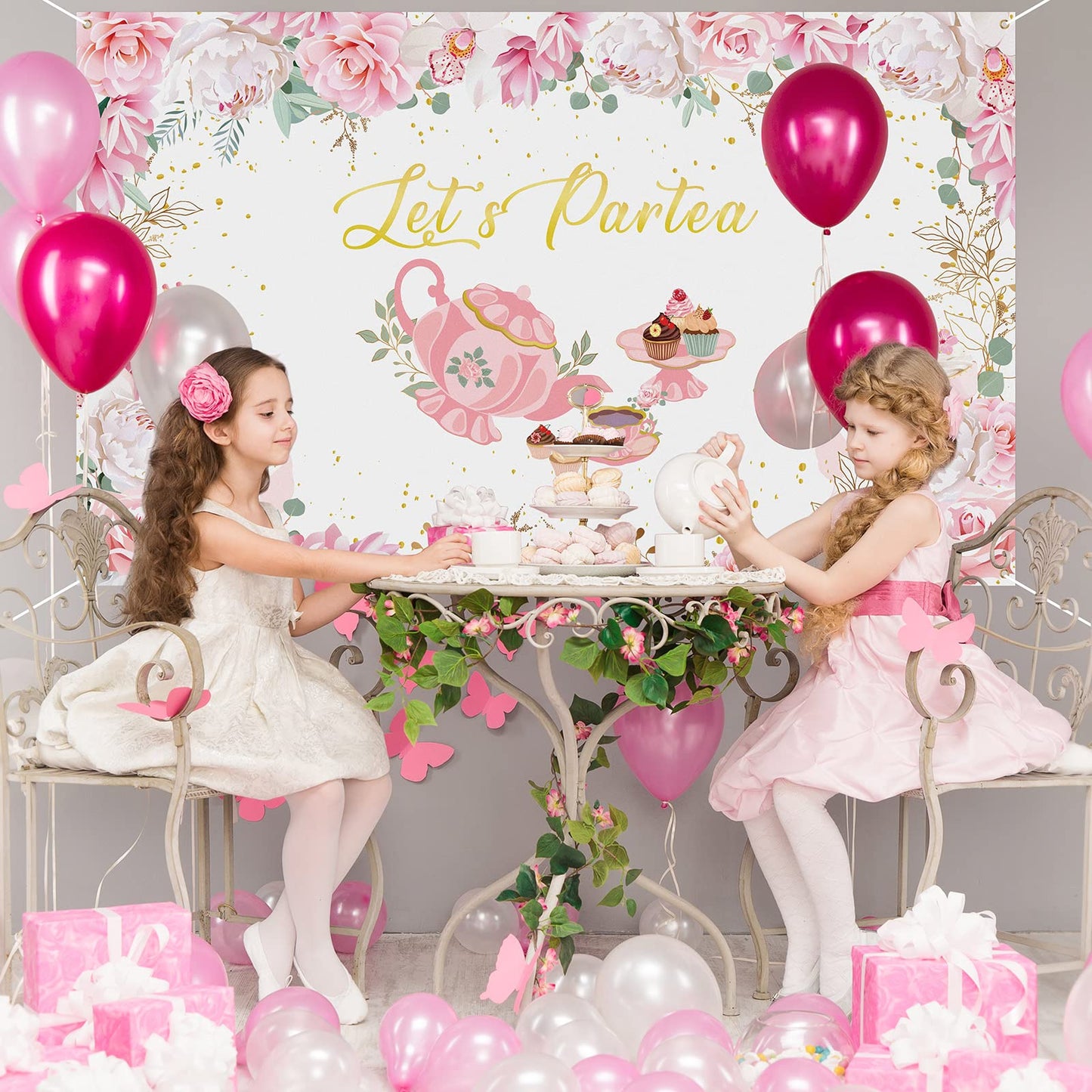 Tegeme Tea Party Backdrop Banner, 6 x 3.6 ft, White Polyester, Model HA-Tegeme-2259582, Perfect for Showers & Birthdays