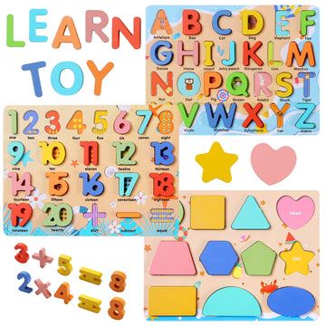 Wooden Puzzles For Toddlers, Voamuw Alphabet Number Shape Learning Education Preschool Toys For Kids Ages 3-6 Years Old (Set Of