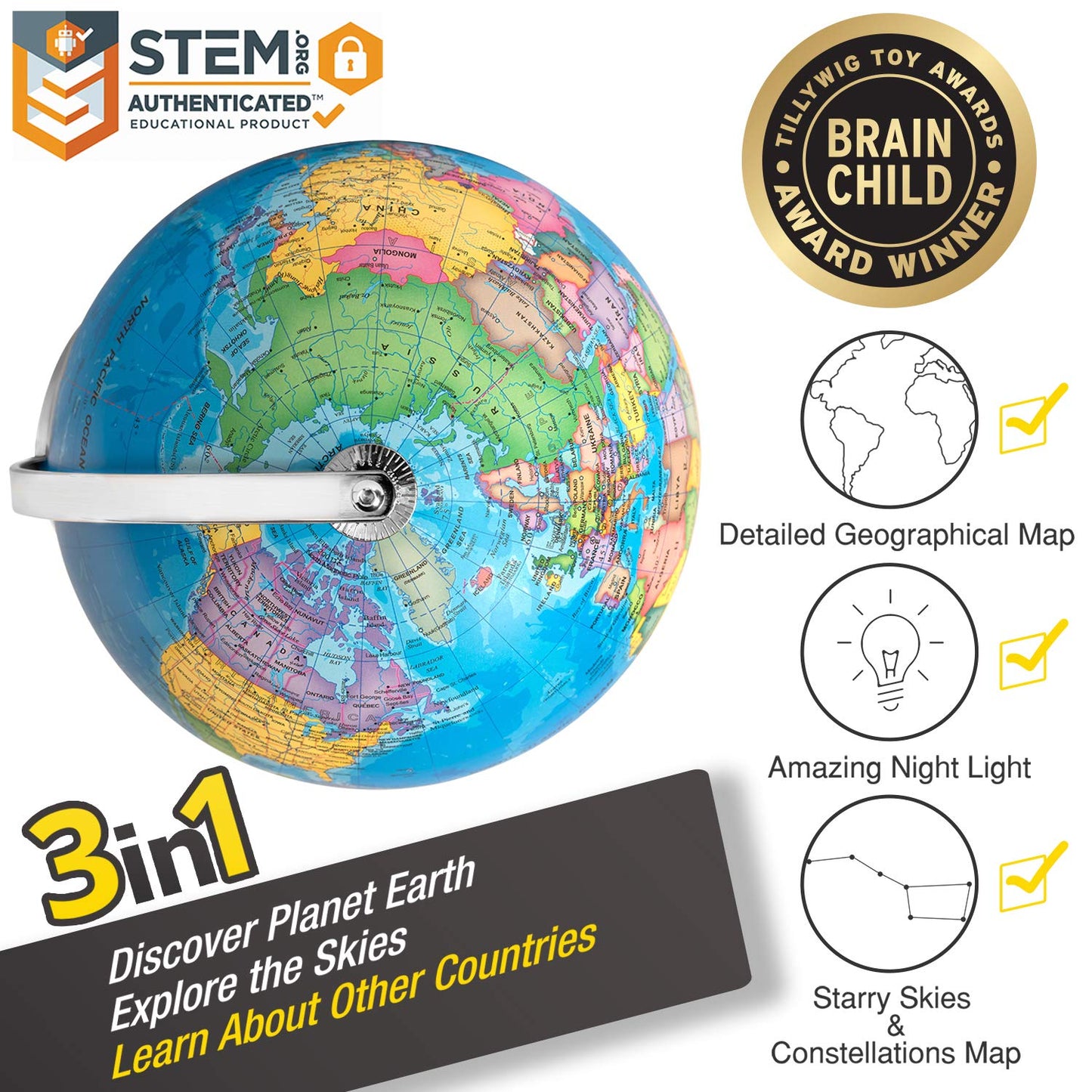 Smart Wallaby 9' Illuminated Educational Kids World Globe + Stem Flags & Countries Interactive Card Game. 3 In 1 Children Desktop Spinning Earth Political & Constellation Maps, Led Night Light Lamp
