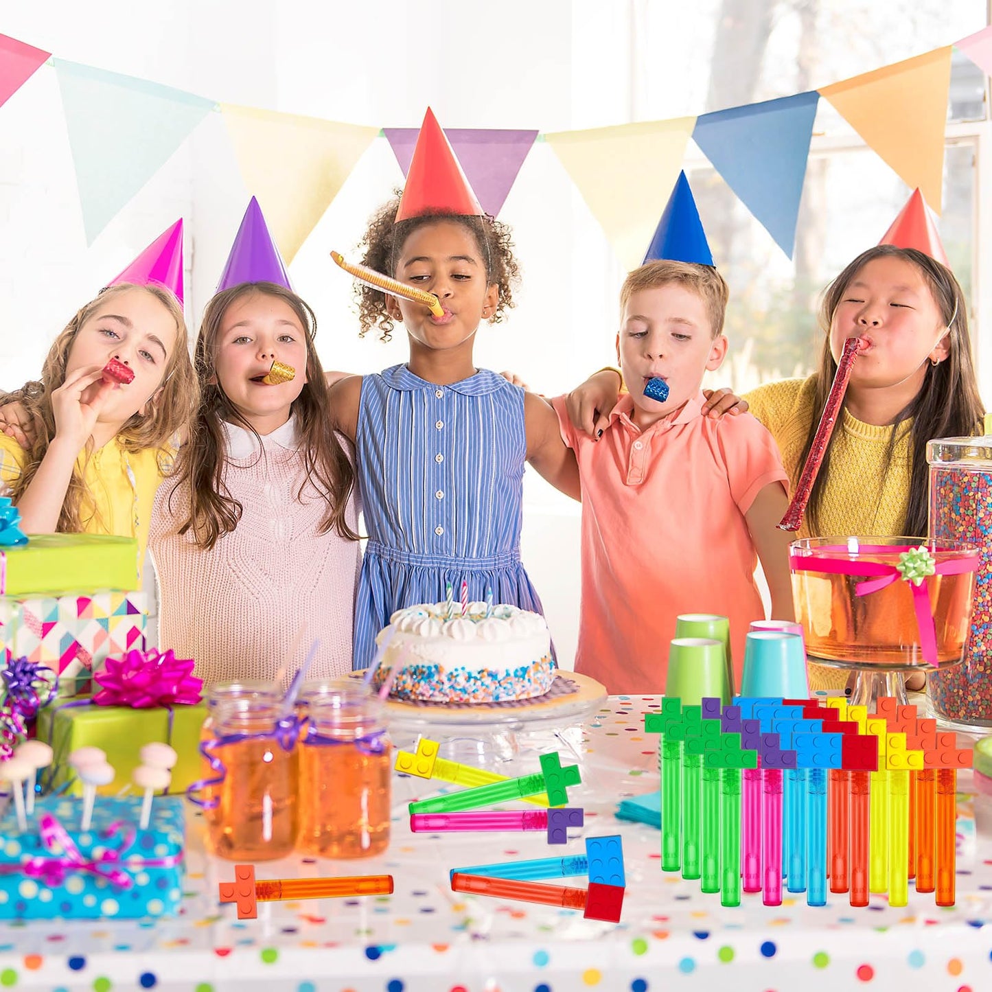 Uoyoi Building Blocks Party Favors,24Pcs Building Blocks Bubble Wands For Kids,Cute Bubble Wand For Building Blocks Birthday Par