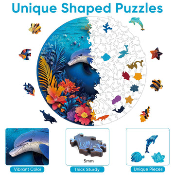 Ruikiyart Wooden Puzzles for Adults, 5MM 200 Pieces Dolphin Wooden Jigsaw Puzzles, Sea Animal Unique Shaped Puzzle Gifts for Adu