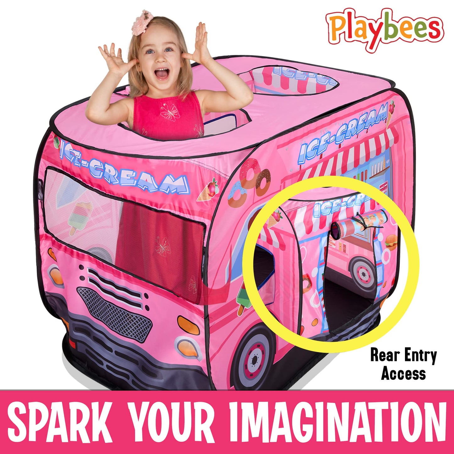 Playbees Musical Ice Cream Truck Pop Up Play Tent With 3 Openings - Tent For Toddlers - Indoor & Outdoor - Pop Up Tents For Kids