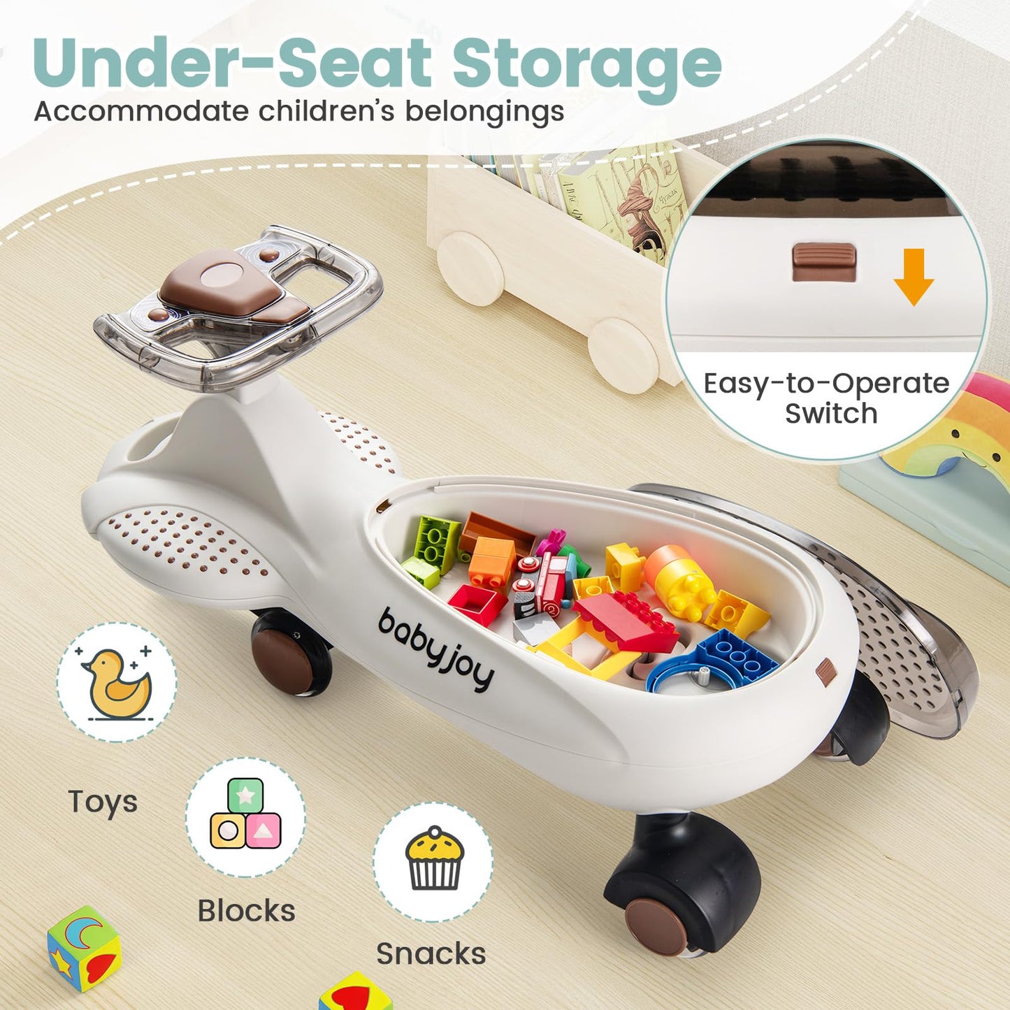 Baby Joy Wiggle Car, Swing Car With Pull Rope, Under-Seat Storage, Flashing Wheels & Music, Uses Twist, Turn, Wiggle Movement To