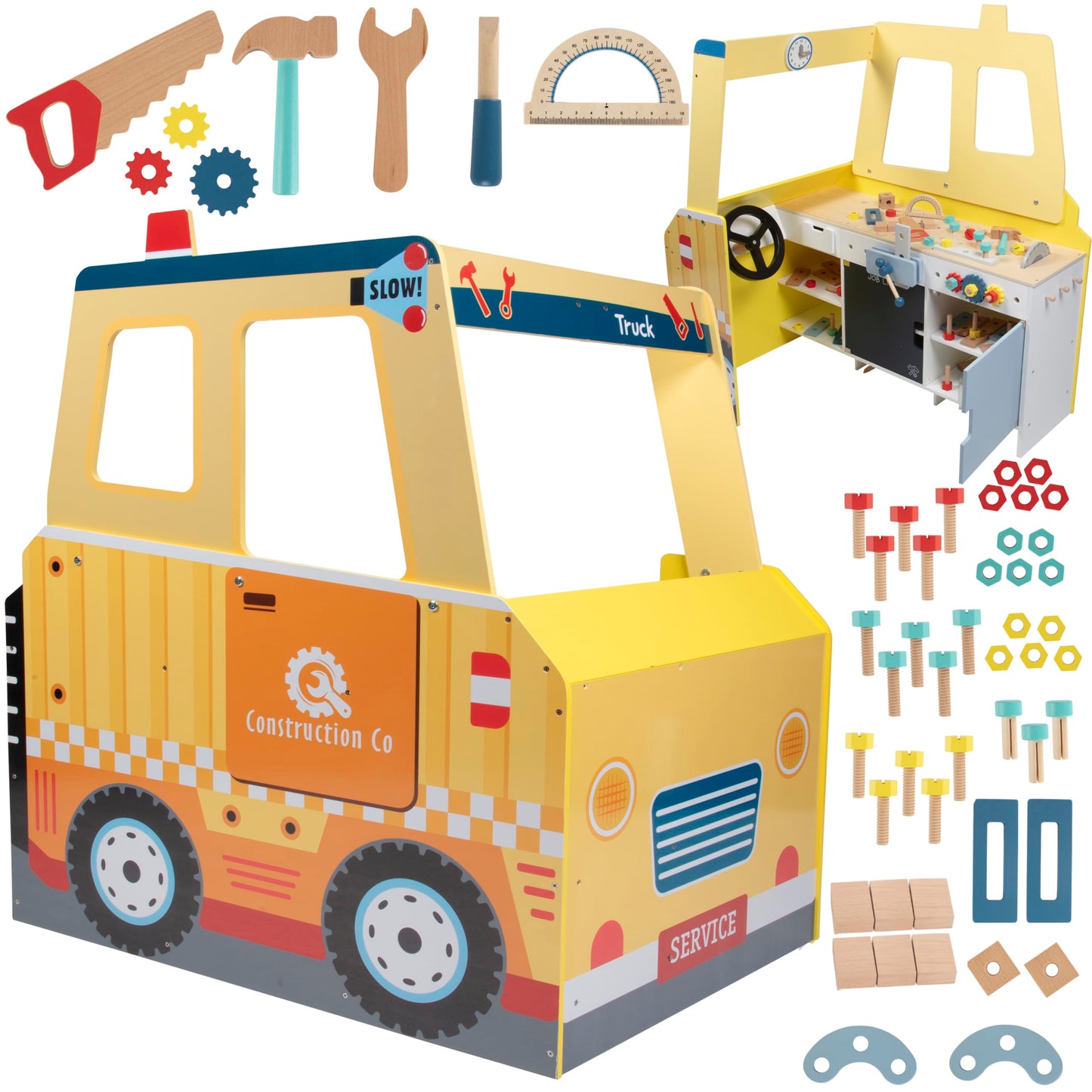 Construction Truck Wooden Playset w 60+ Toy Pieces- Pretend Hammer Saw Bolts & Screws- Spinning Turn Saw, Steering Wheel, Wood t