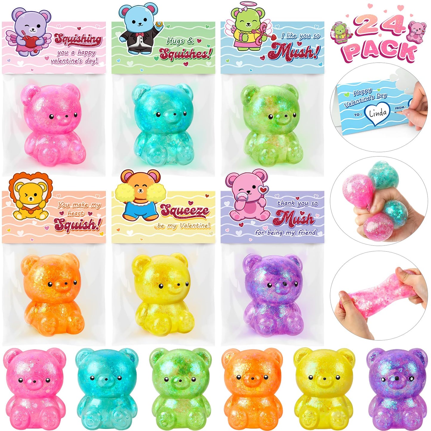Valentines Day Cards For Kids Classroom, 24 Packs Valentine'S Day Squishy Bear Toys With Greeting Cards, Valentine Kids Party Fa
