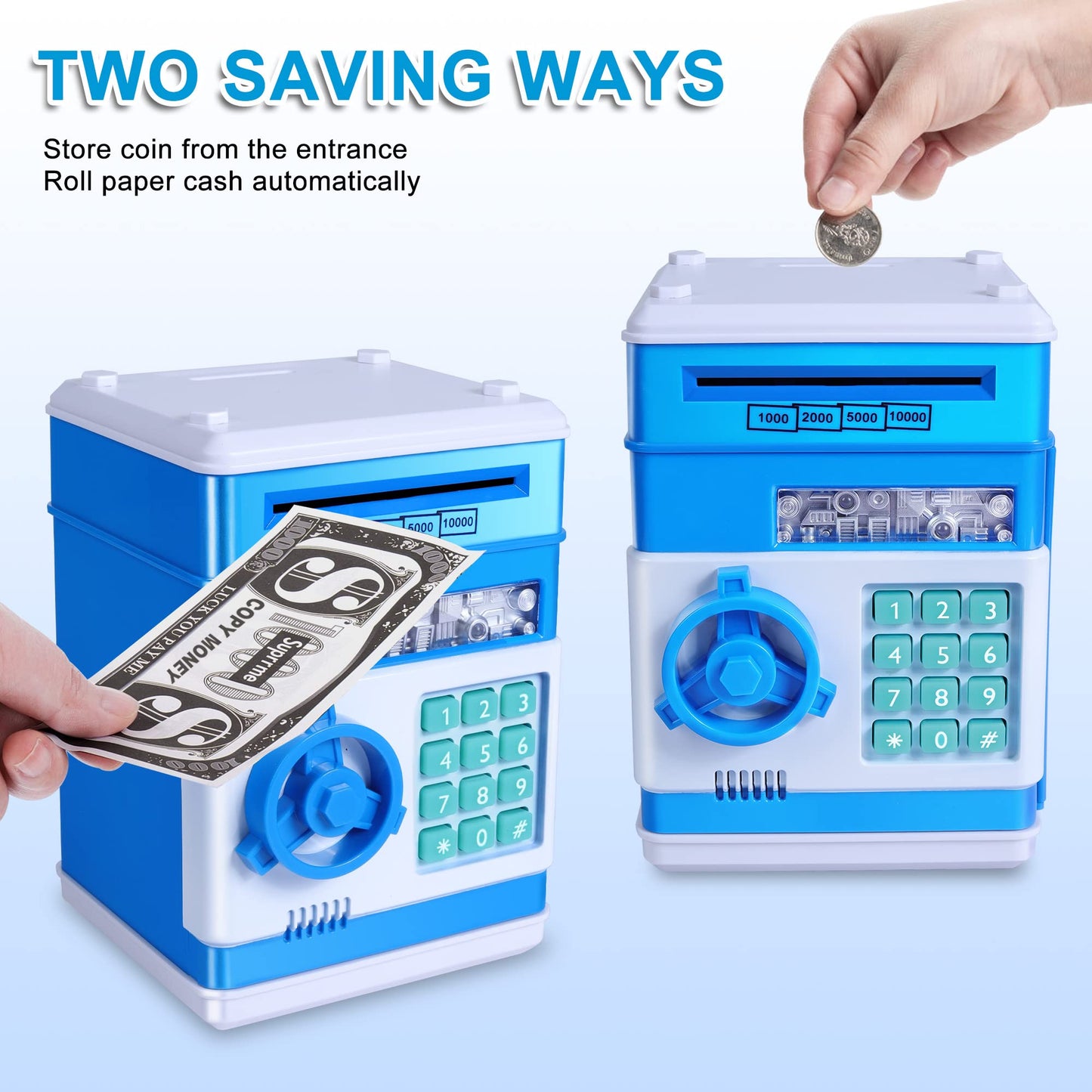 Gudoqi Piggy Bank, Electronic Money Bank, Safe Mini Atm Cash Coin Can, Auto Scroll Paper Money Saving Box, Great Birthday For Kids, Blue White