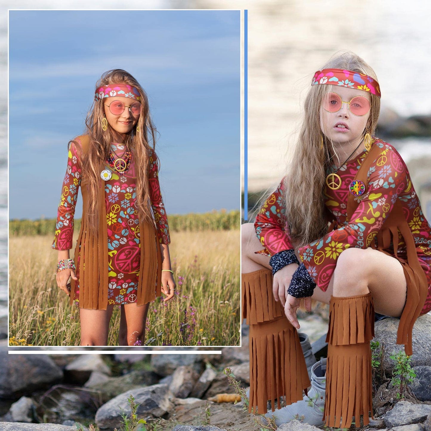 Kathfly 18 Pcs Hippie Costume for Girls Kids 70s 60s Outfits Set Hippie Dress Fringe Vest Party Accessories for Carnival Halloween(2XL)