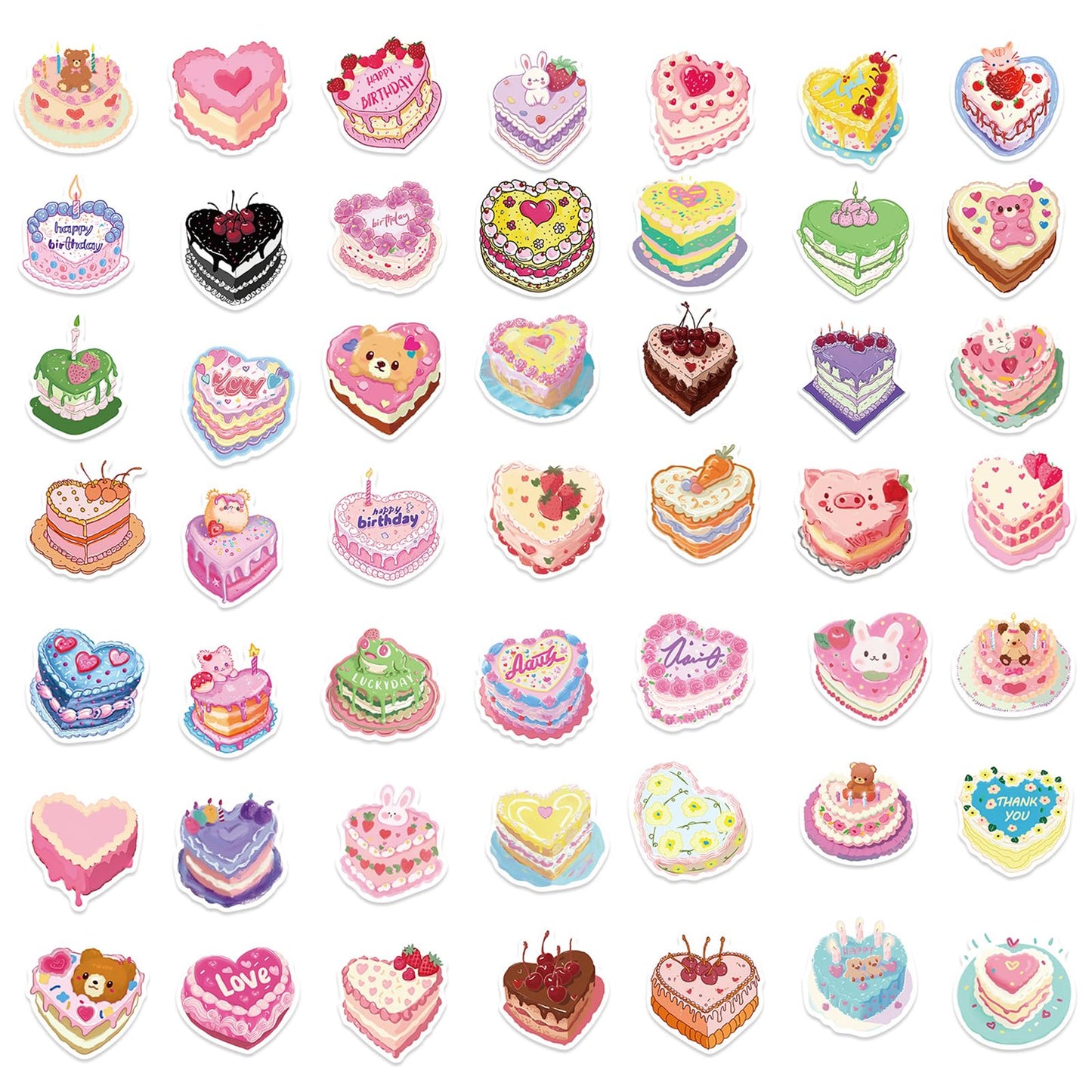 50Pcs Birthday Cake Stickers Cartoon Heart Shaped Cake Stickers Kawaii Love Aesthetic Vinyl Waterproof Sticker For Laptop,Guitar