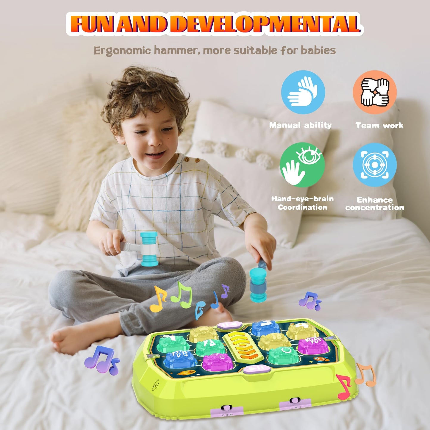 Whack Mole Game Toy For Toddler, Toys For 3 4 5 6+ Year Old Boys/Girls, Interactive Educational Pounding Toys With 2 Hammers, Music & Light, 3 Modes, Birthday Xmas Gifts For Boys Girls Kids Age 3+