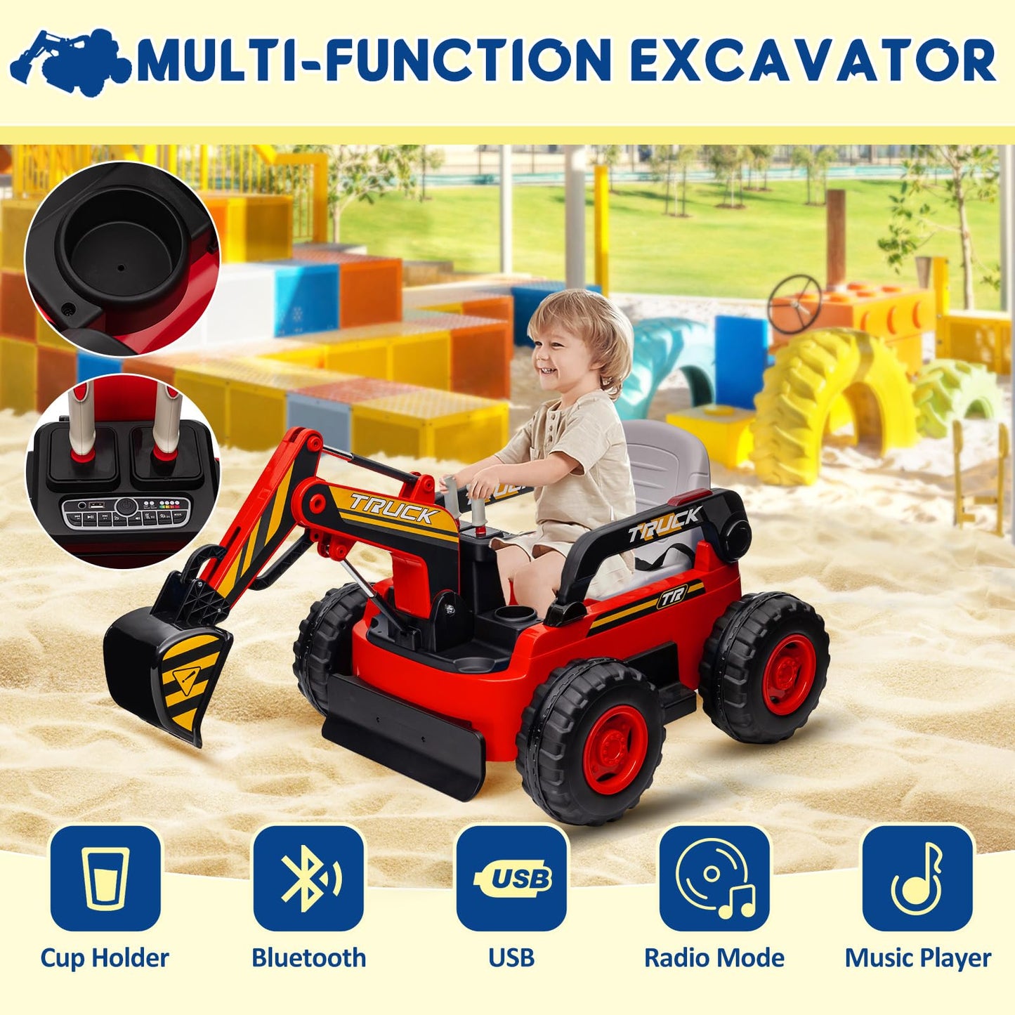 Hetoy Ride On Excavator for Kids, 4WD Electric Excavator Toy, 12V Battery Powered Construction Truck Digger with Remote Control.