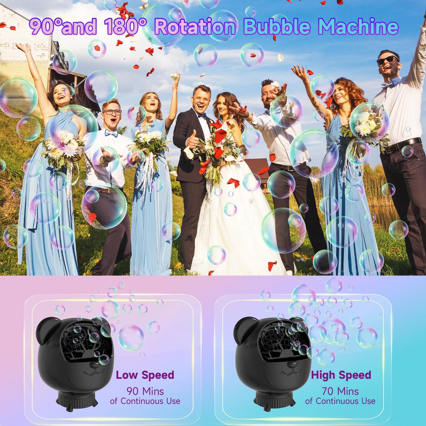 Rechargeable Bubble Machine For Kids & Parties, 38000+ Bubbles/Min, 90/180 Auto-Rotating Bubble Makers 500Ml Portable Bubble Blo