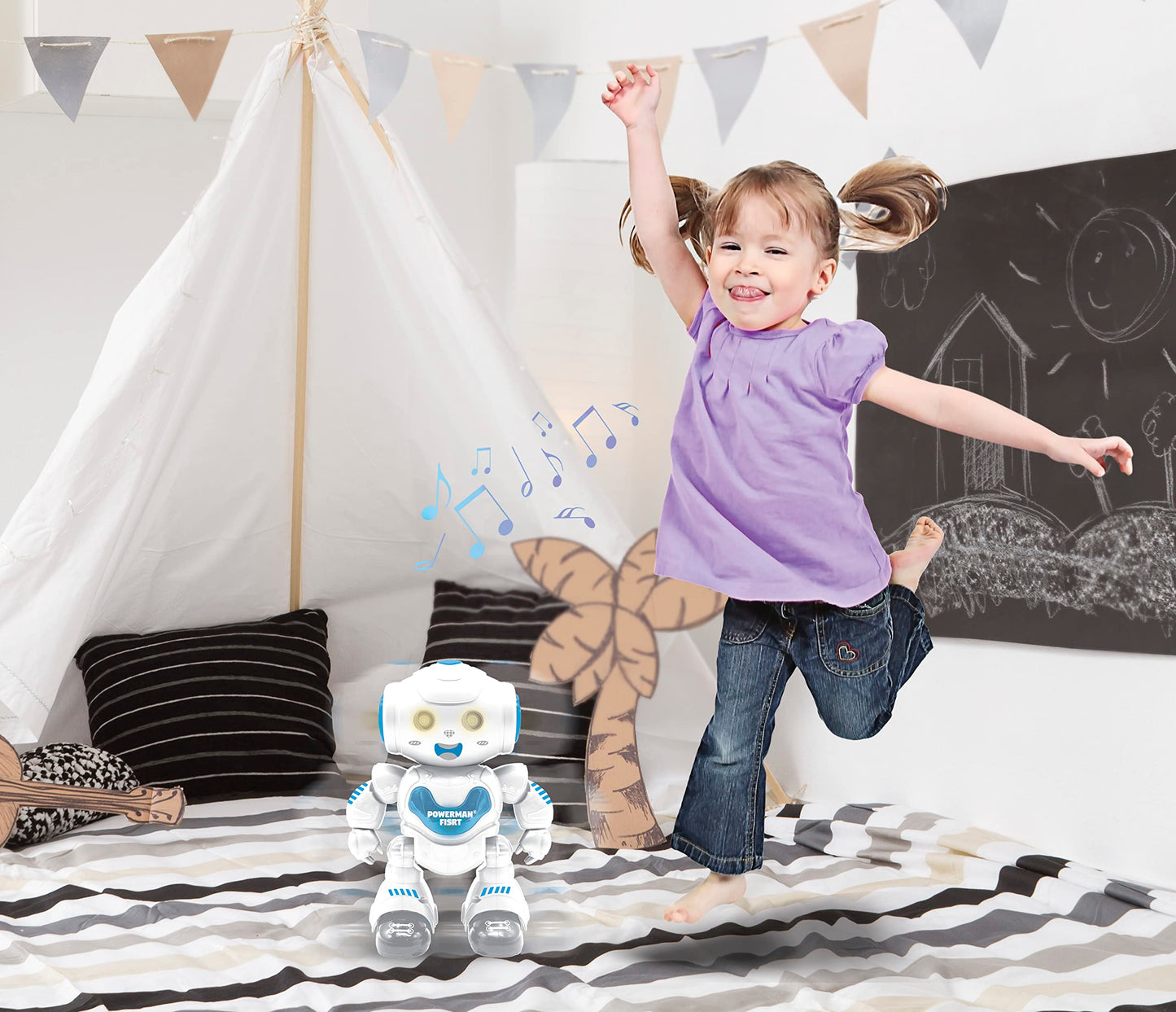 Lexibook Rob16 Powerman, First Smart Interactive Learning Robot Toy For Kids Dancing Plays Music Boy Girl, White/Blue