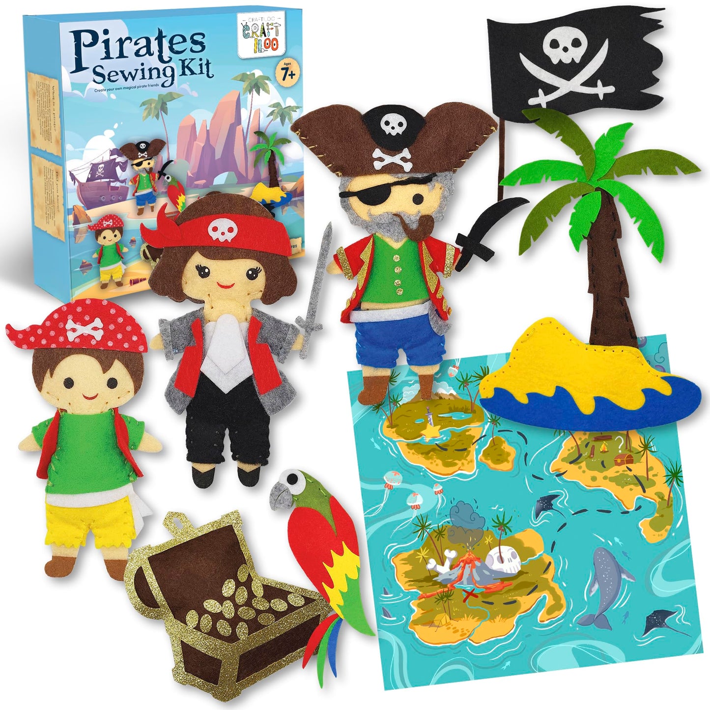 Craftiloo Pirates Pre-Cut Fun Kids Sewing Kit For Kids Ages 8-12 Children Beginners Sewing Kit Kid Crafts Make Your Own Felt Pil