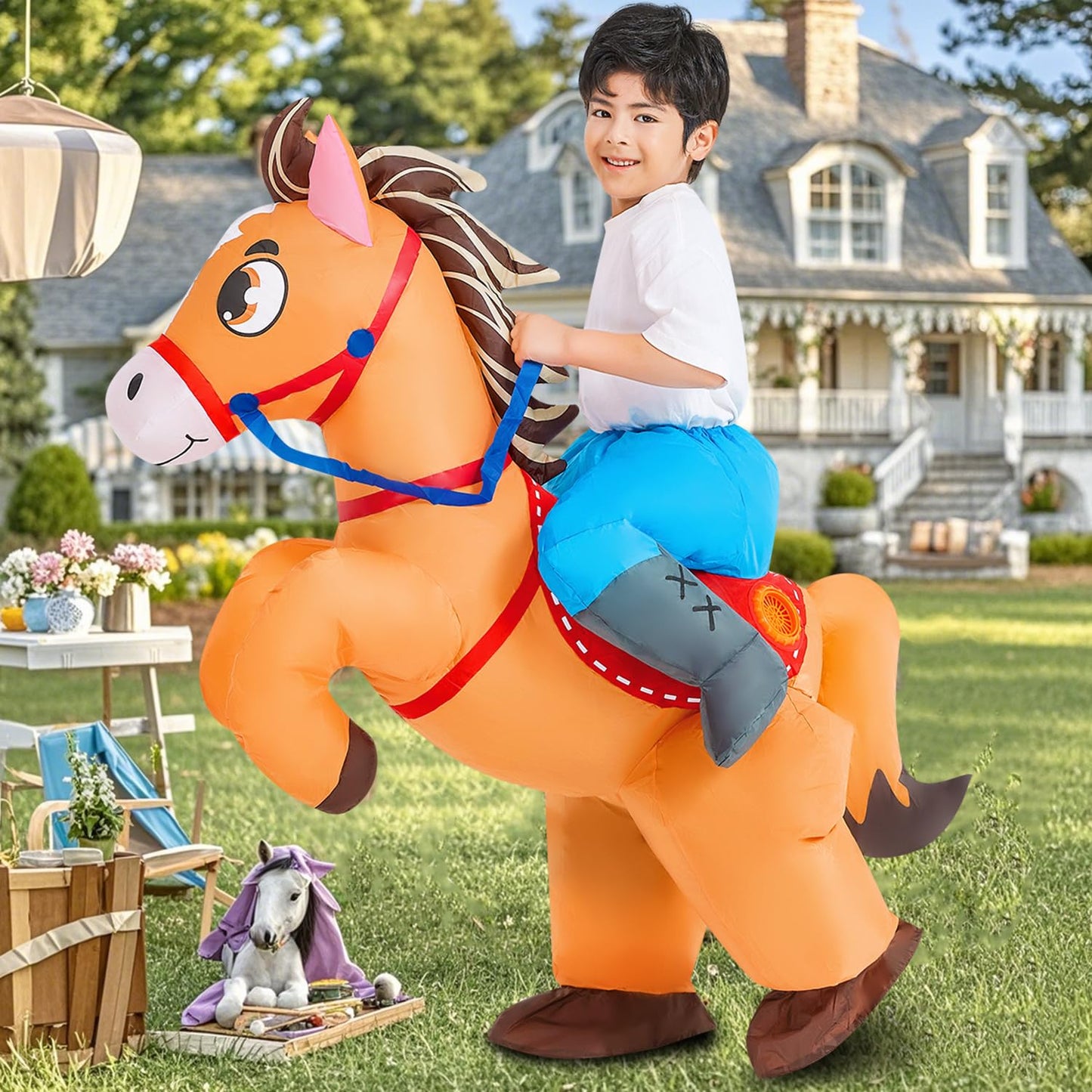 Kooy Inflatable Horse Costume Kids Riding Blow Up Cowboy Costume Funny Ride On Horse Suits For Cosplay Party