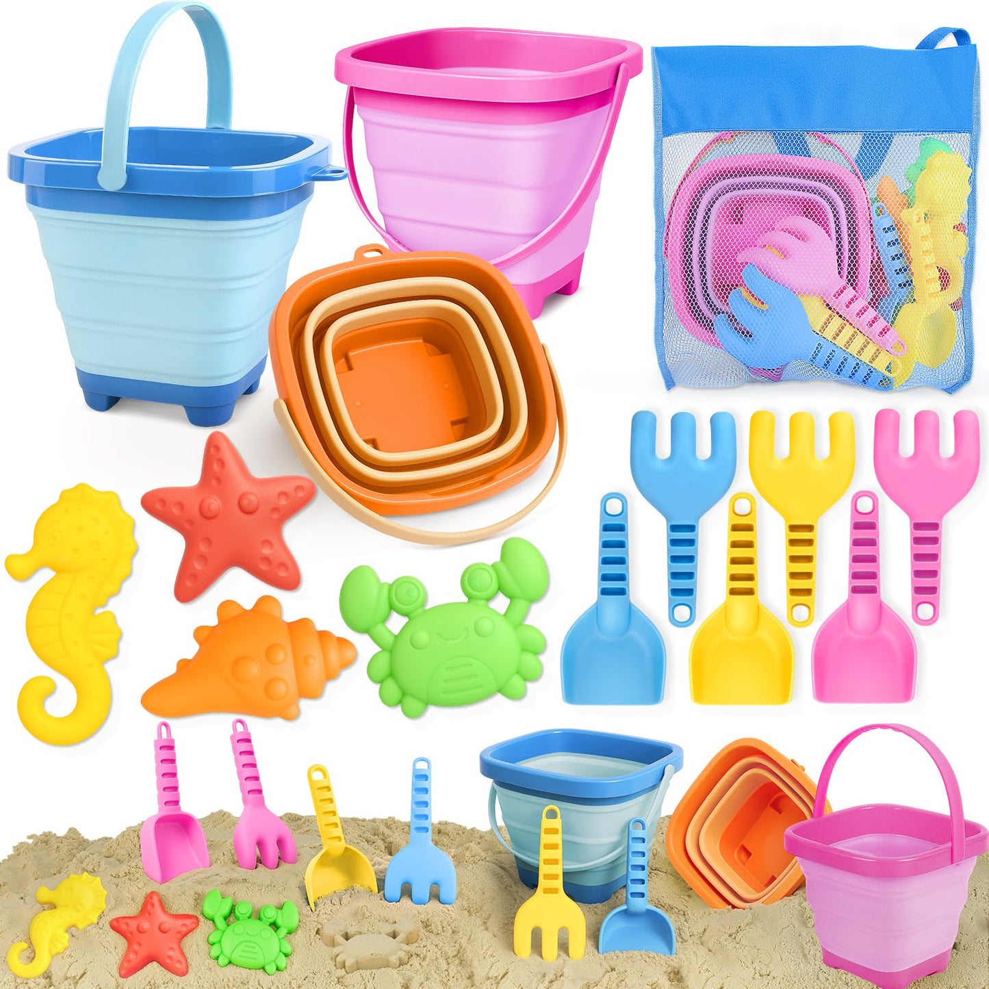 Dreamon Beach Toys for Kids 3-10, Collapsible Sand Castle Toys for Beach Include 3 Pack Foldable Buckets, Shovels Molds and Stor