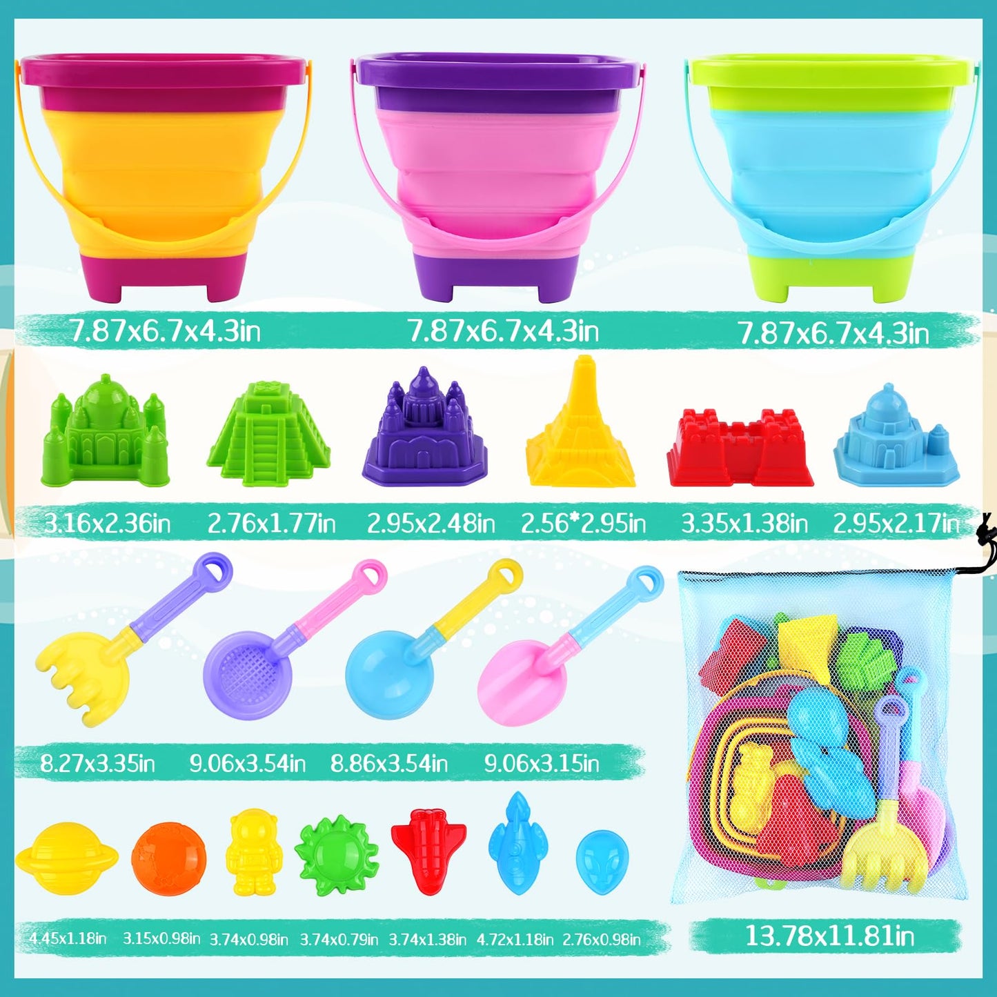 Oun Nana Beach Toys, 21 PCS Sand Toys for Kids, Sandbox Toys with Collapsible Beach Buckets and Shovels Set, Sand Castle Kit, Sa