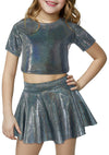 Happy Cherry 2Pcs Kids Girls Shiny Metallic Short Sleeve Crop Top With Pleated Skirt Set Dancewear Performance Costumes Black 10