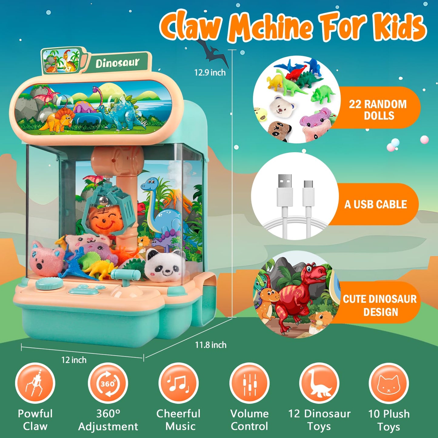 Claw Machine For Kids,Mini Dinosaur Vending Machines Candy Grabber Prize Dispenser Pink Toys For Boy Girl,Electronic Arcade Game With 10 Mini Plush Toys And 12 Dinosaur Toys For Easter Birthday Gifts