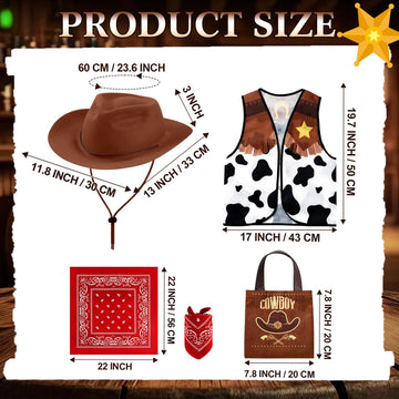 Toulite 24 Pcs Cowboy Cowgirl Hats Pack Cowboy Costume Outfit Include 6 Hats 6 Vest 6 Bandanas 6 Bags for Kids Party(Brown)