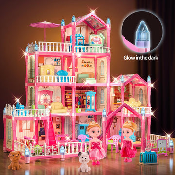 Tastien Doll House, 4-Story Dollhouse With Glow In The Dark, Girl Toys Doll House Playset With 2 Dolls, 12 Play Areas, Furniture