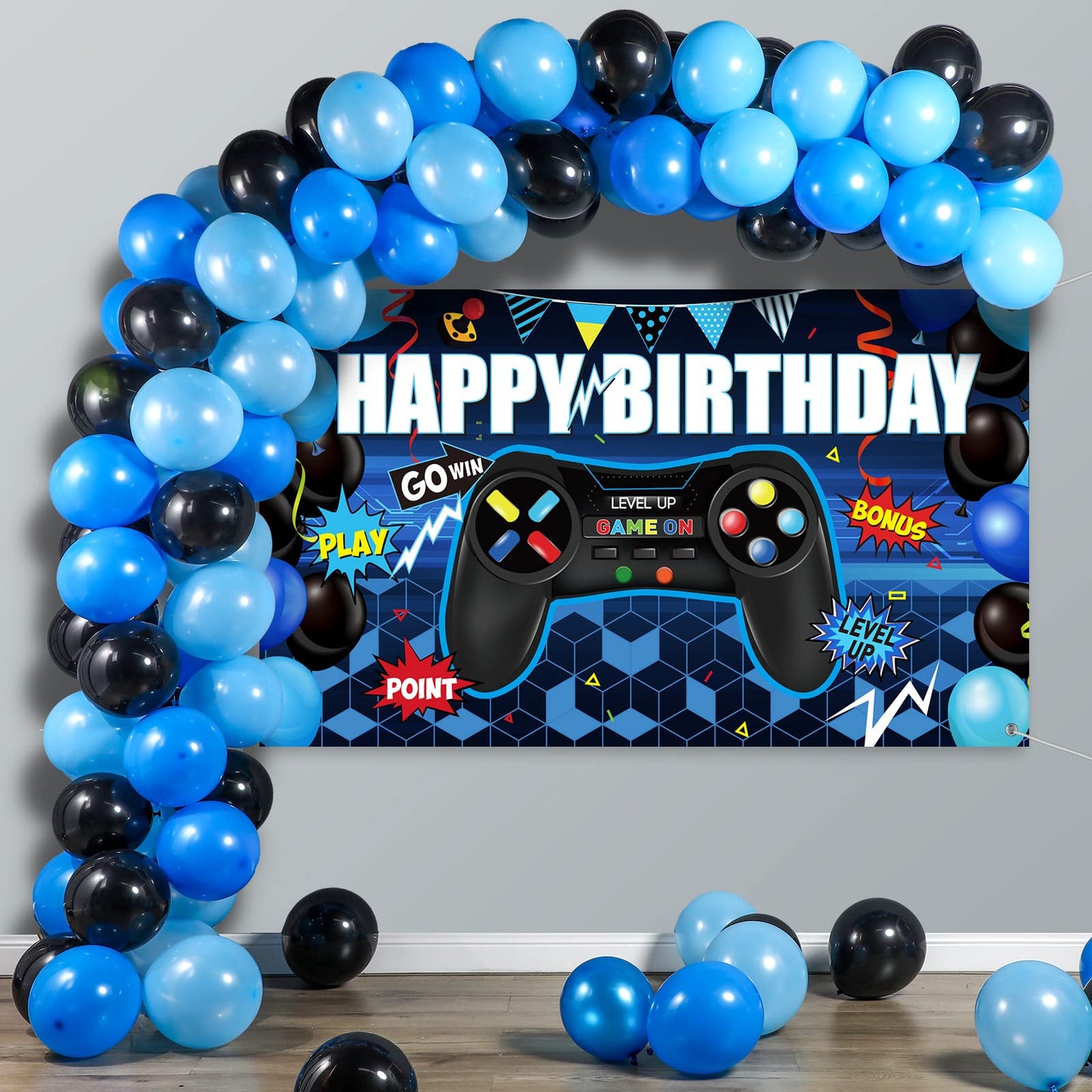 Video Game Birthday Party Decorations Set Gaming Happy Birthday Supplies Includes Video Game Backdrop, Table Covers, Balloons And Foil Gamer Balloons For Party(Blue And Black)