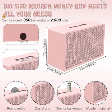 Wooden Cash Savings Box With Counter, Vault Bank For $10000 $5000 $3000 $1000 $800 $500 Target Money Challenge, Reusable Money B