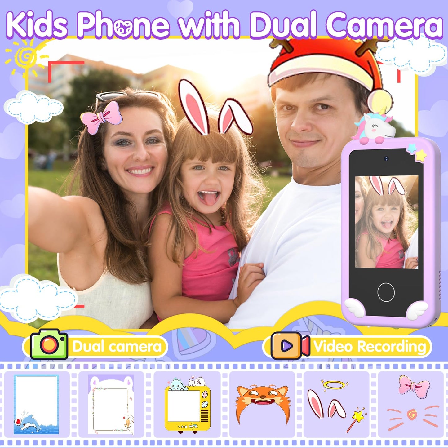 Kids Smart Phone for Girls, 2.8'' Touchscreen Play Phone with 32G SD Card, Dual Camera, Puzzle Game, Music Player, Christmas Bir