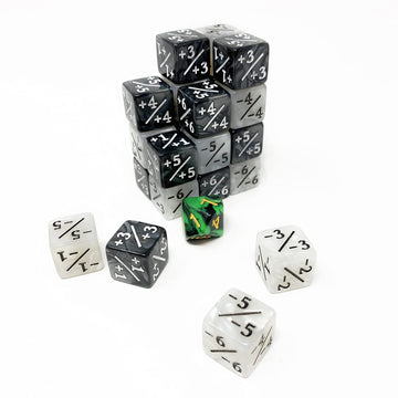 Citadel Black MTG Buff Dice Counters +1/+1 and -1/-1 Set of 25 Premium Dice - Includes Poison Dice with Velvet Drawstring Pouch,