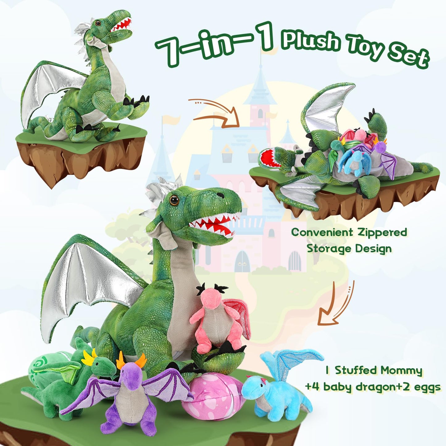 Tezituor 7 Pcs Dragon Stuffed Animals, 22'' Mommy Dragon Plush With 4 Baby Dragons And 2 Eggs, Stuffed Dragon Toys For Kids, Dinosaur Stuffed Animal Gifts For Boy Girl On Christmas Birthday Decoration