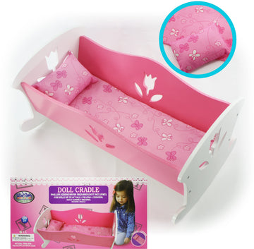 Matty'S Toy Stop 18 Inch Doll Furniture Wooden Doll Rocking Cradle (Crib) With Pink Pillow & Cushion - (18' Pink/White Floral) Fits American Girl Dolls