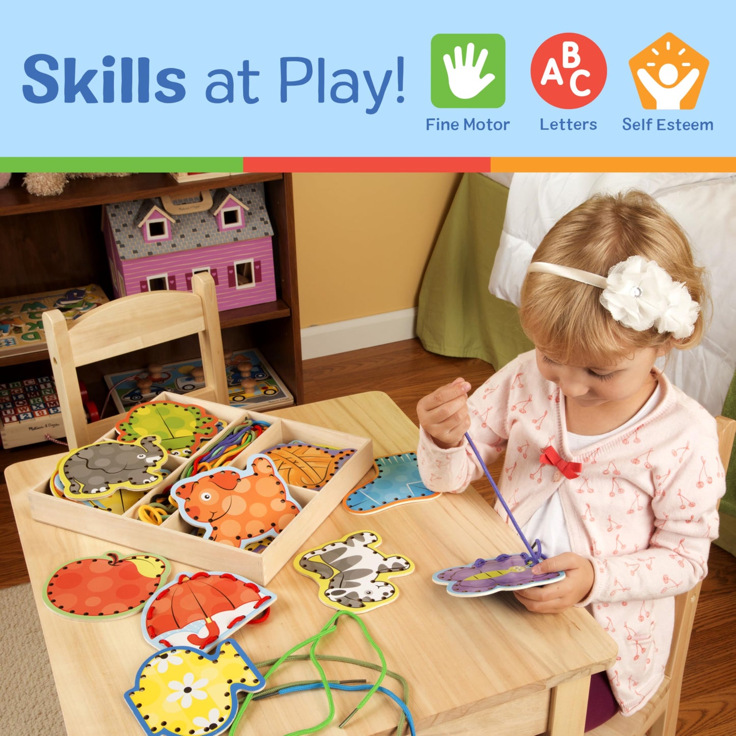 Melissa & Doug Alphabet Wooden Lacing Cards With Double-Sided Panels And Matching Laces Fine Motor Skills Threading Cards, Sewing For Preschoolers And Kids Ages 3+